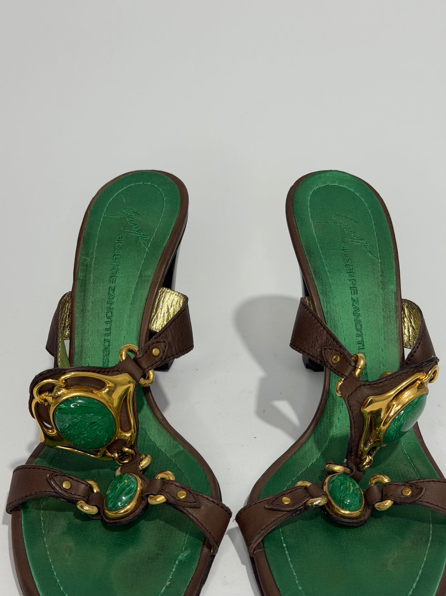 Giuseppe Zanotti Green Suede & Brown Leather Embellished Mule Heels EU 40/ 7 UK / 10 US