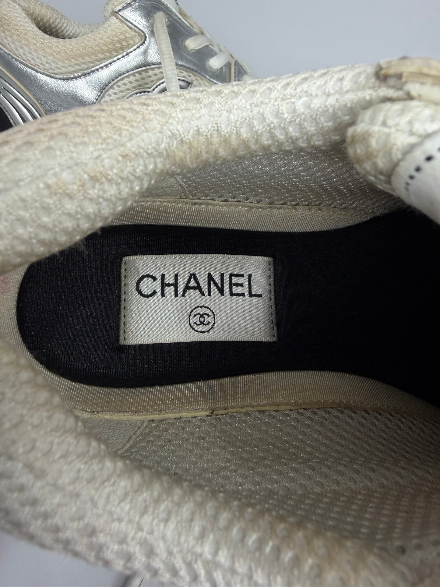 Chanel CC  Silver/White Leather and Mesh Low Top Sneakers