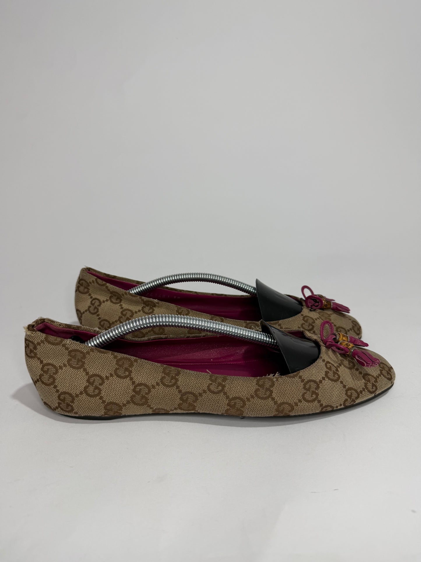 Gucci Beige/ Pink GG Canvas Bamboo Bow Tassel Ballet Flats Size 38