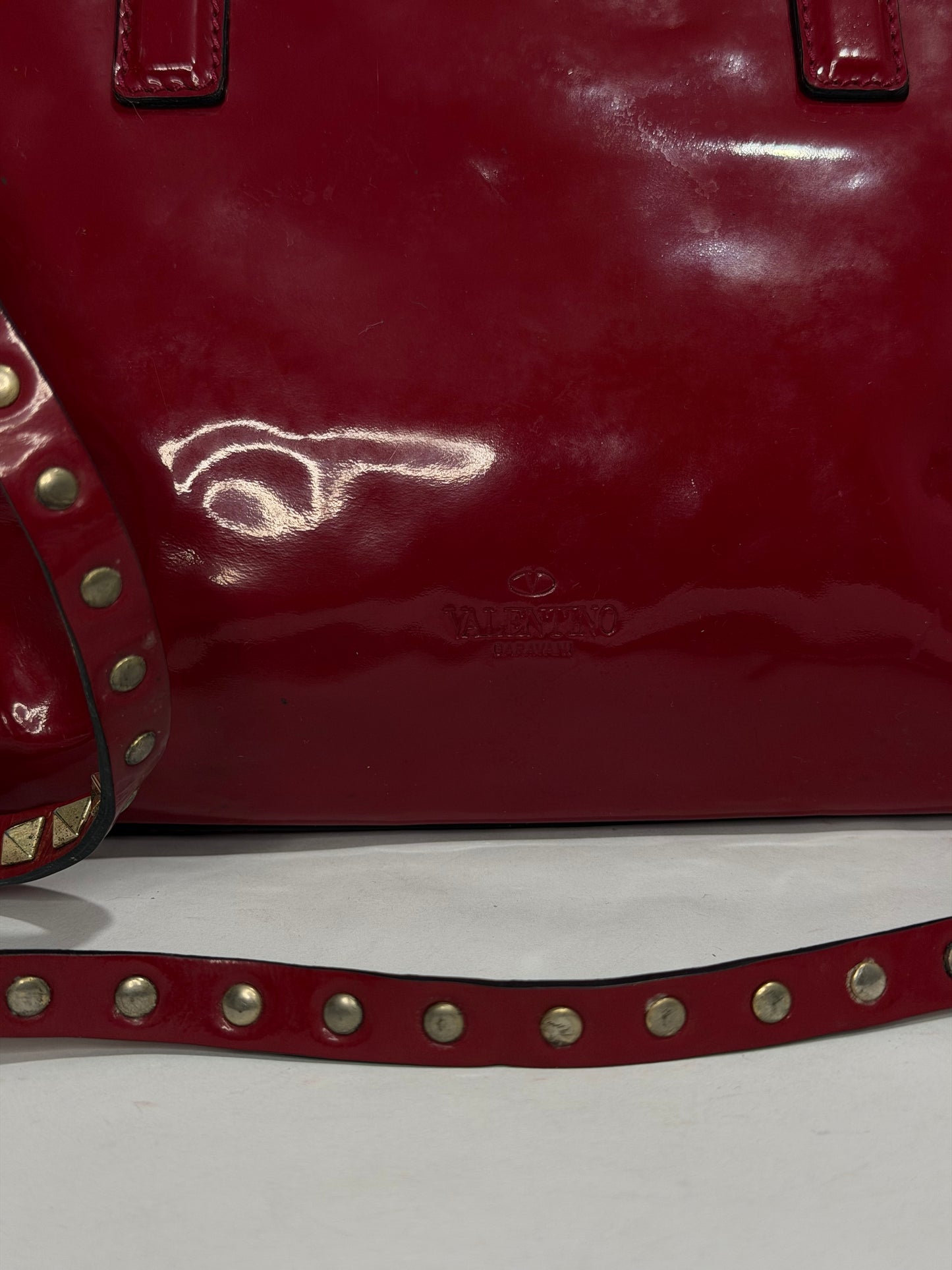 Valentino Red Patent Leather Small Rockstud Shopper Tote Bag