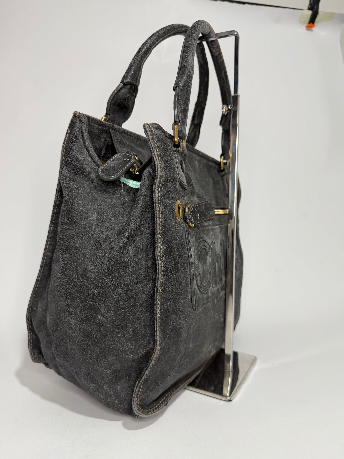 Chloé Vintage Distressed Leather Logo Tote Bag Black Large Shoulder Handbag