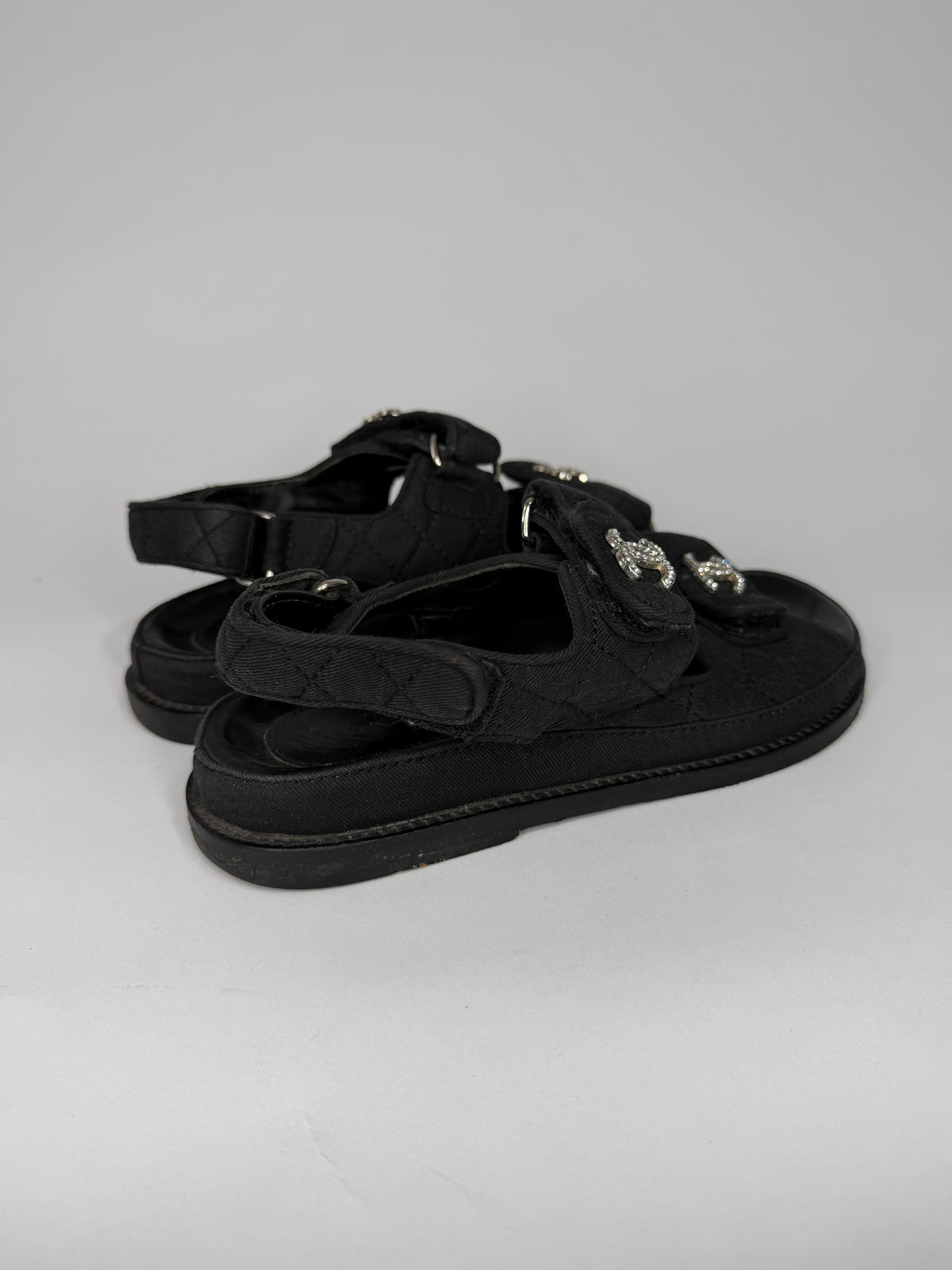 Chanel Black Quilted Fabric Diamond CC Dad Velcro Flat Sandals Size 36 EU/ 6 US/ 3 UK