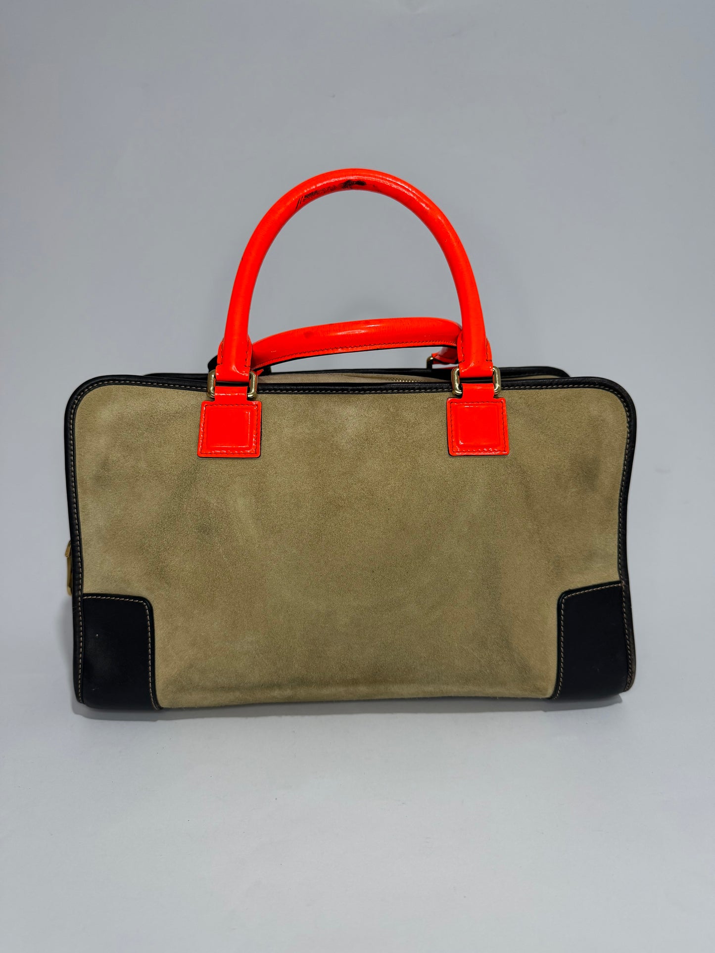 Loewe Amazona Suede & Leather Handbag Neon Orange Handles Beige Satchel Bag