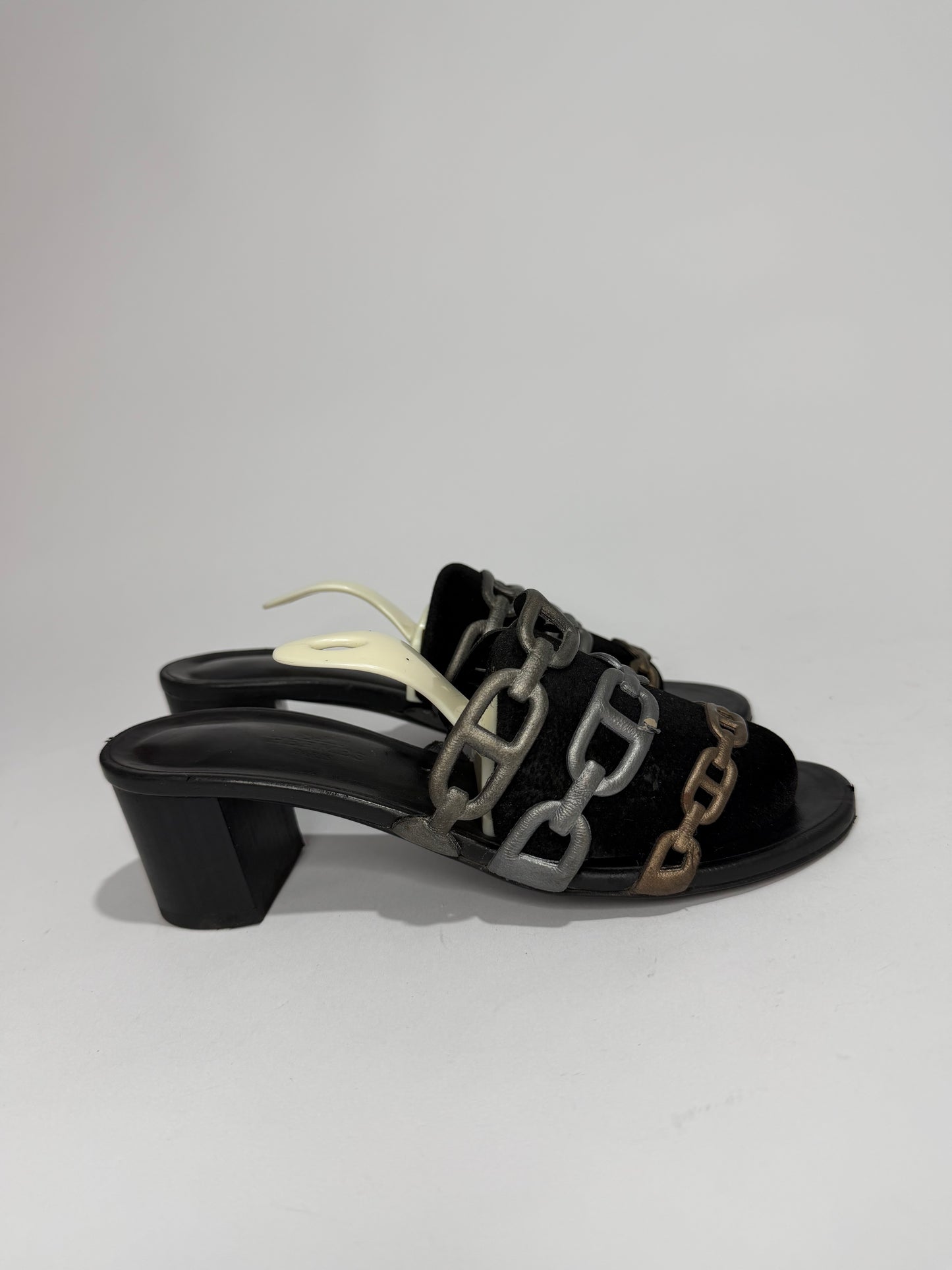 Hermes Silver Leather Tandem Slide Sandals Size 36.5 EU
