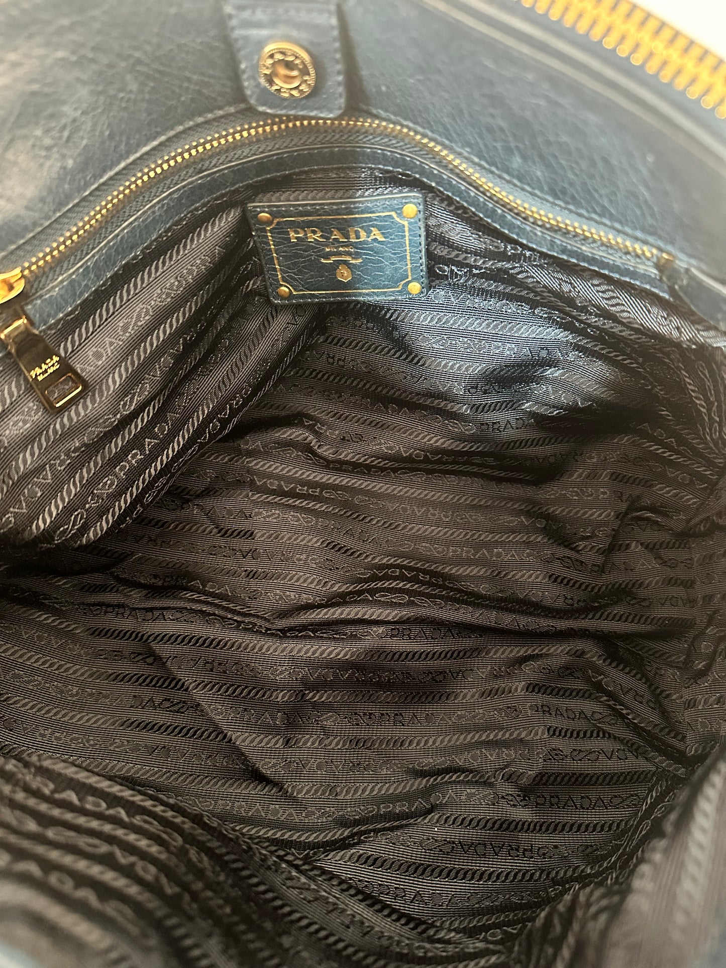 PRADA
Denim Blue Vitello Shine Leather Bauletto Bag