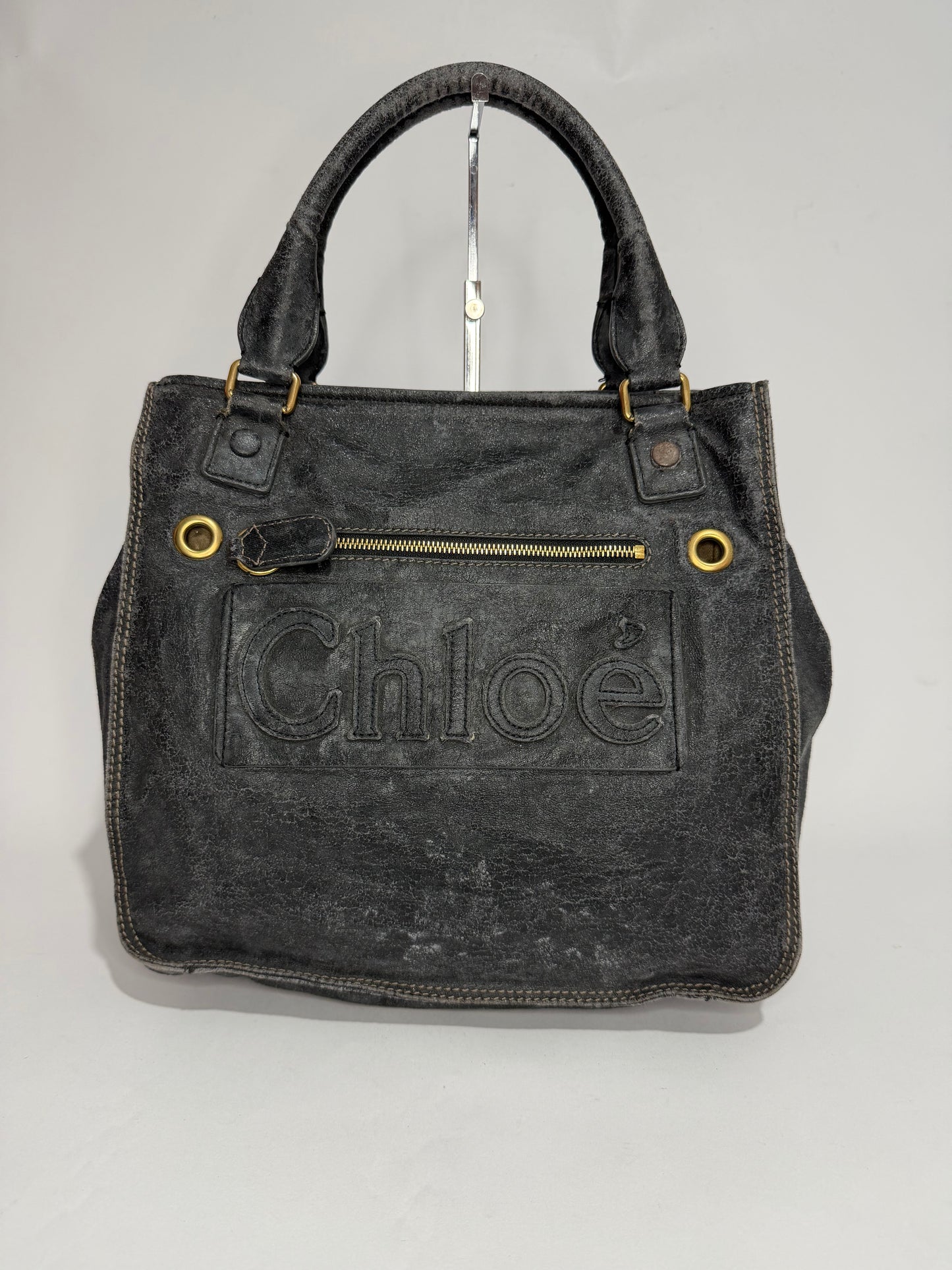 Chloé Vintage Distressed Leather Logo Tote Bag Black Large Shoulder Handbag
