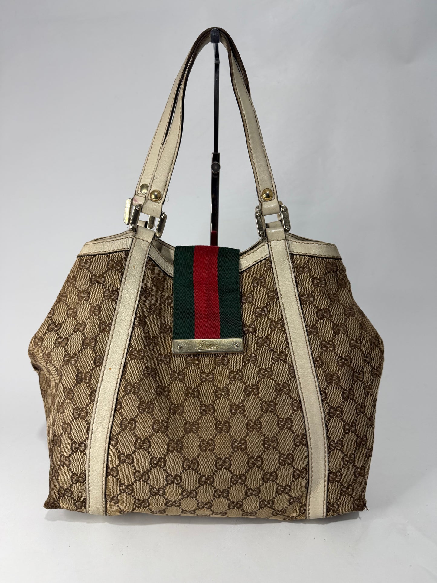 Gucci Beige/White GG Canvas and Leather Medium New Ladies Web Tote