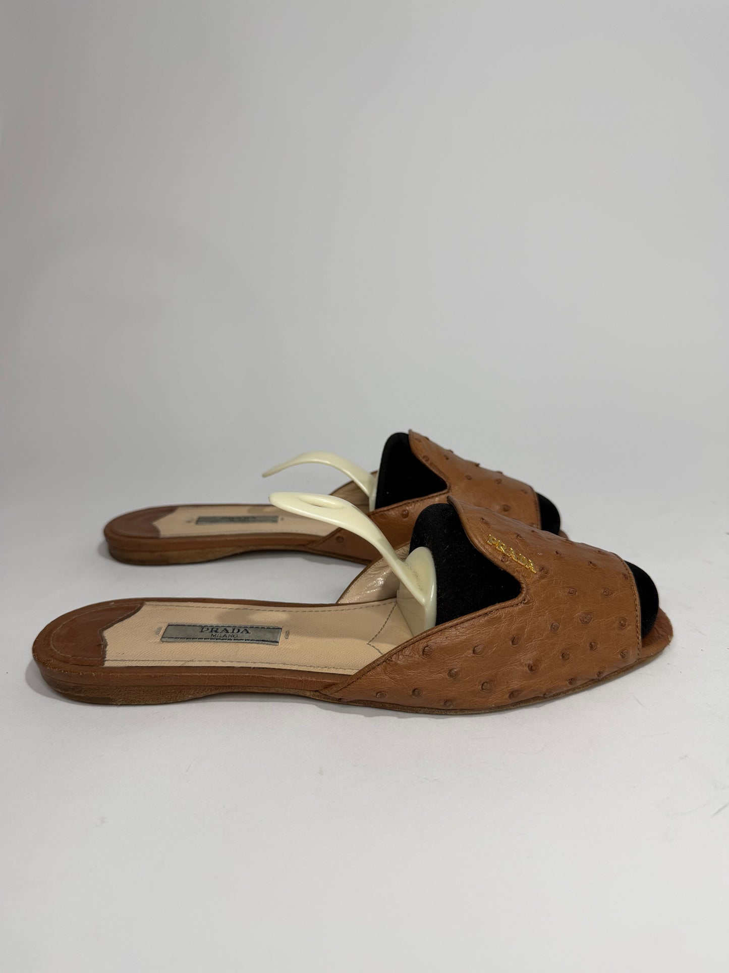 Prada Brown Ostrich Leather Flat Sandals Size 38.5 EU/8.5 US