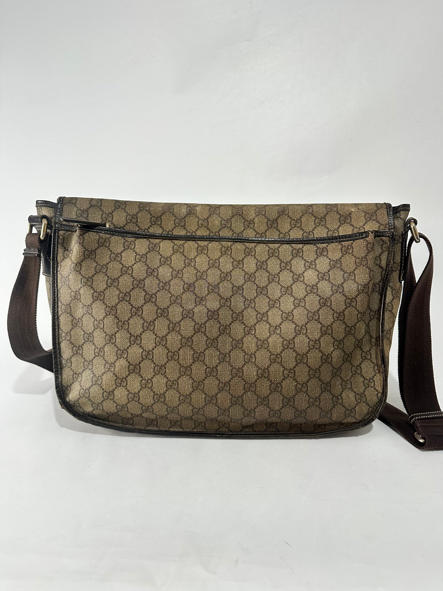 GUCCI  GG Plus Monogram Large Double Buckle Flap Messenger Bag Beige Brown