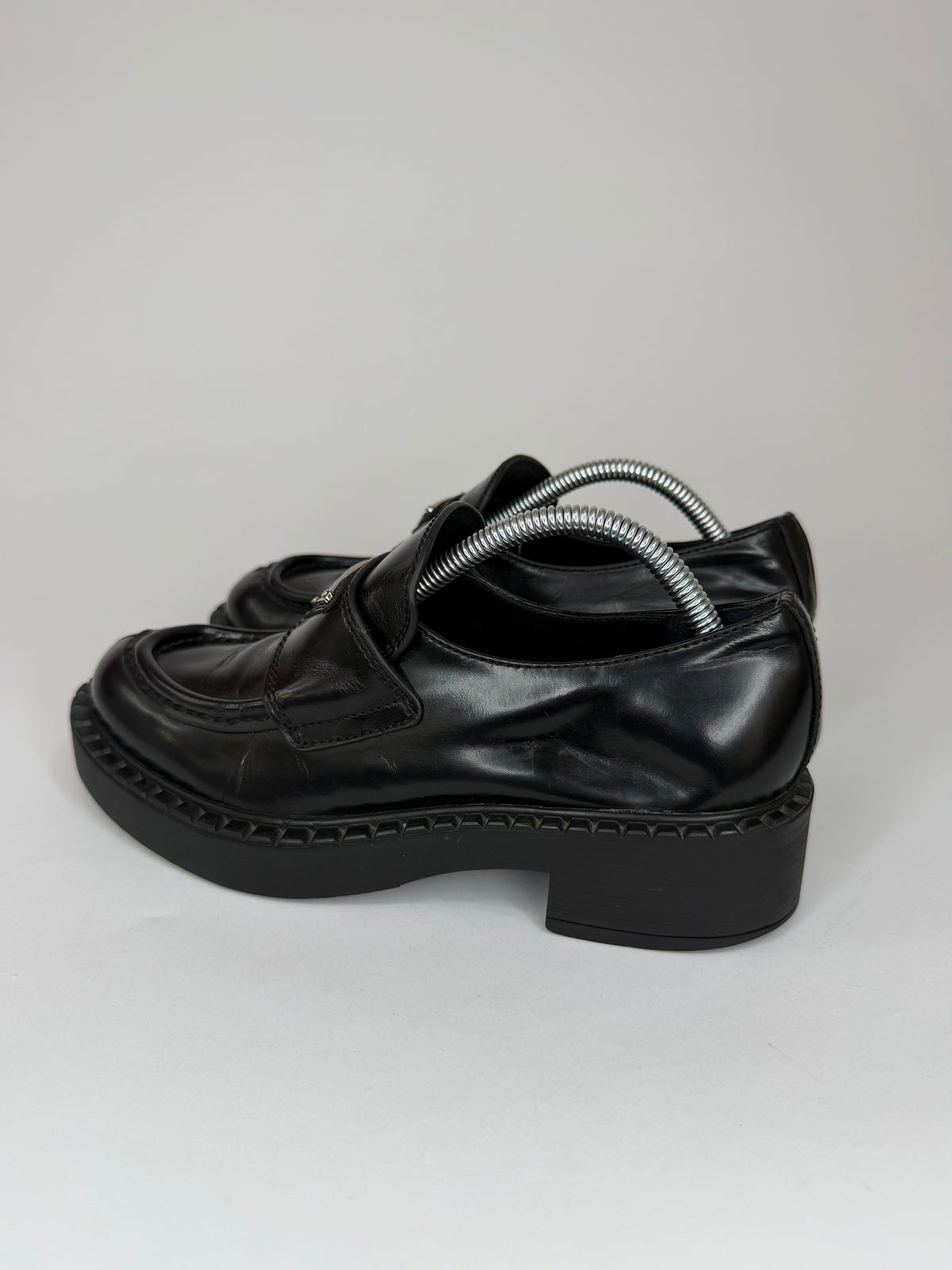 PRADA Vernice Metal Triangle Logo 50mm Loafers Size 36 EU/6 US/ 3UK