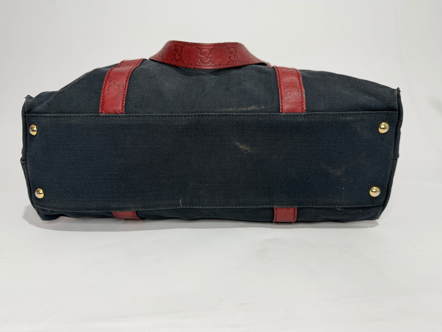 Vintage Gucci Canvas Tote Bag with Red GG Embossed Leather Straps
