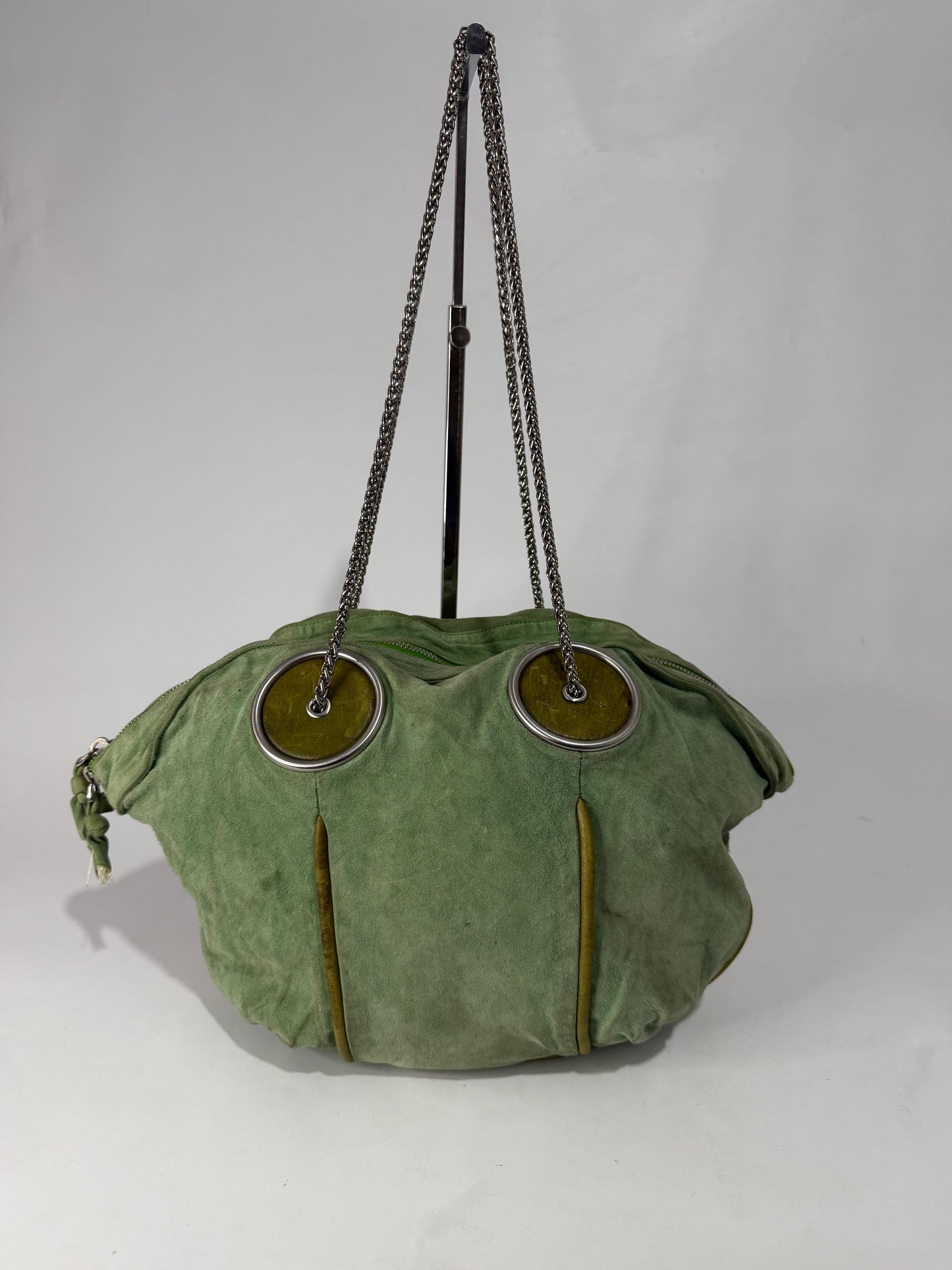 Bottega Veneta Green Suede Chain Shoulder Bag with Oversized Grommets