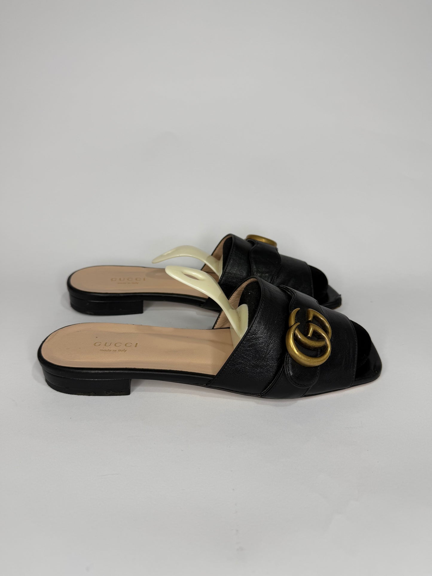Gucci Black Leather GG Malaga Kid Flat Mules Size 37.5 EU/ 7.5 US