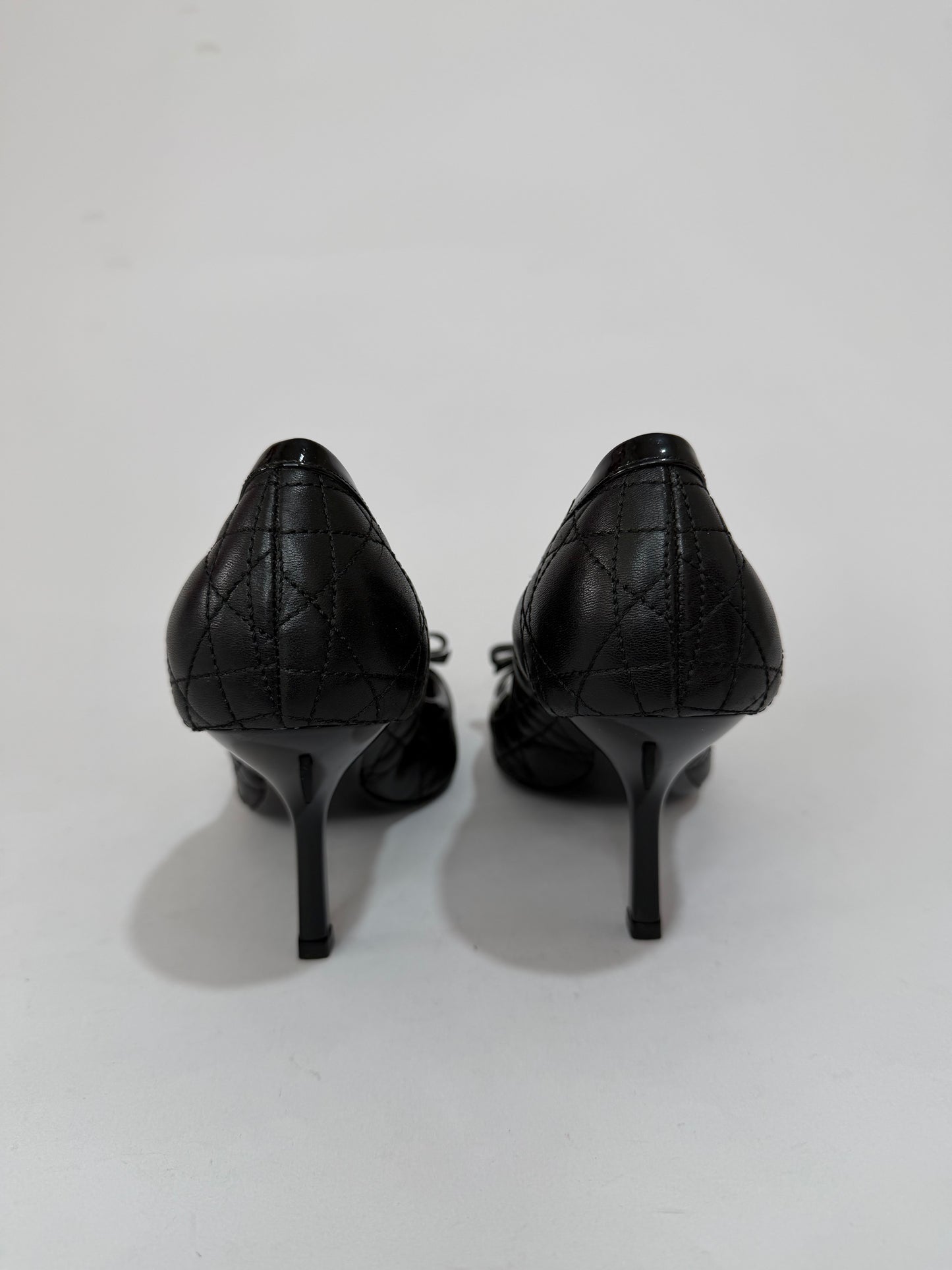 Dior Black Quilted Cannage Leather And Patent Bow Detail Peep Toe Pumps Size 38EU/ 8 US / 5UK