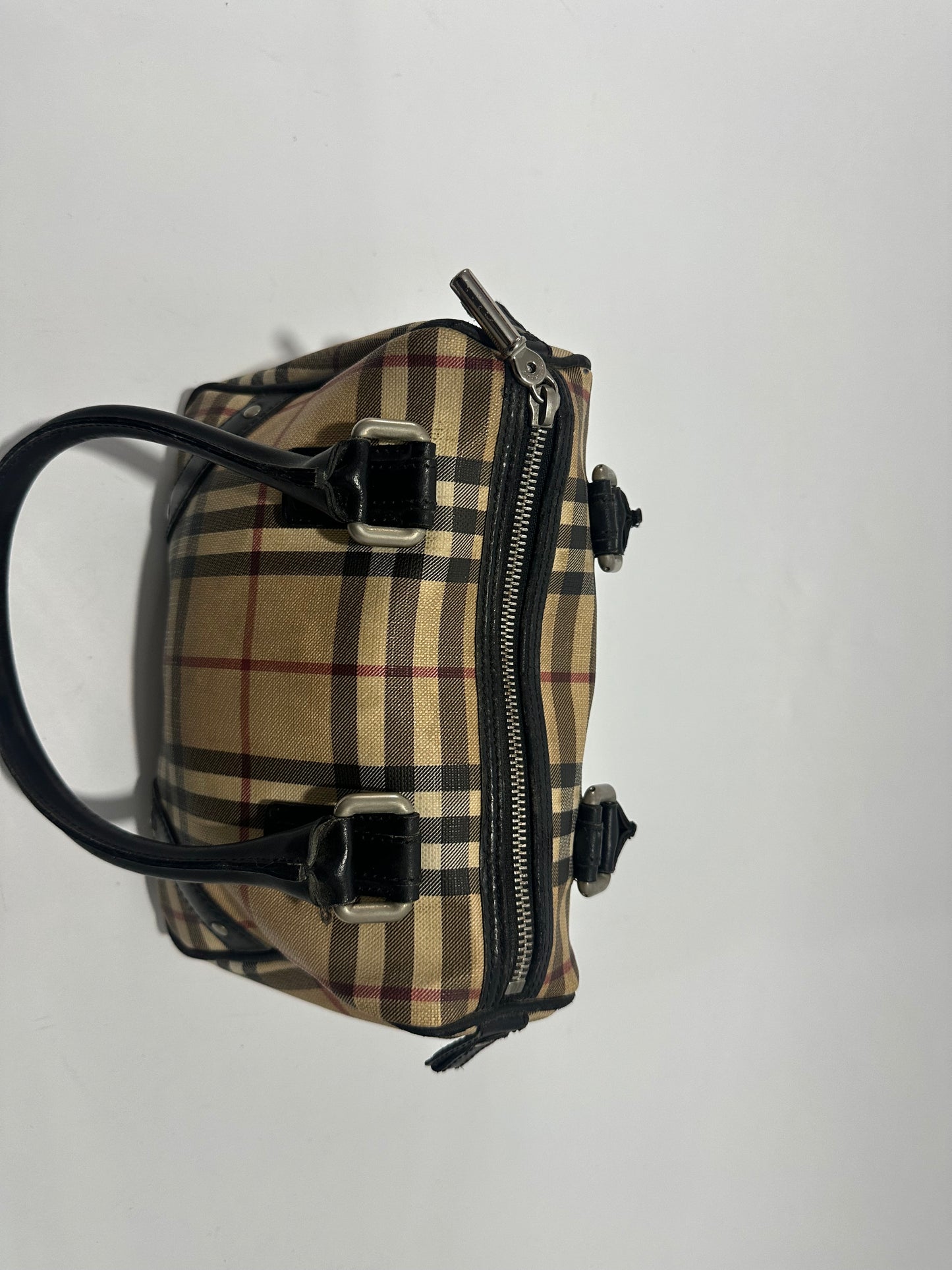 BURBERRY
Beige Nova Check Coated Canvas Small Top Handle Bowling Bag