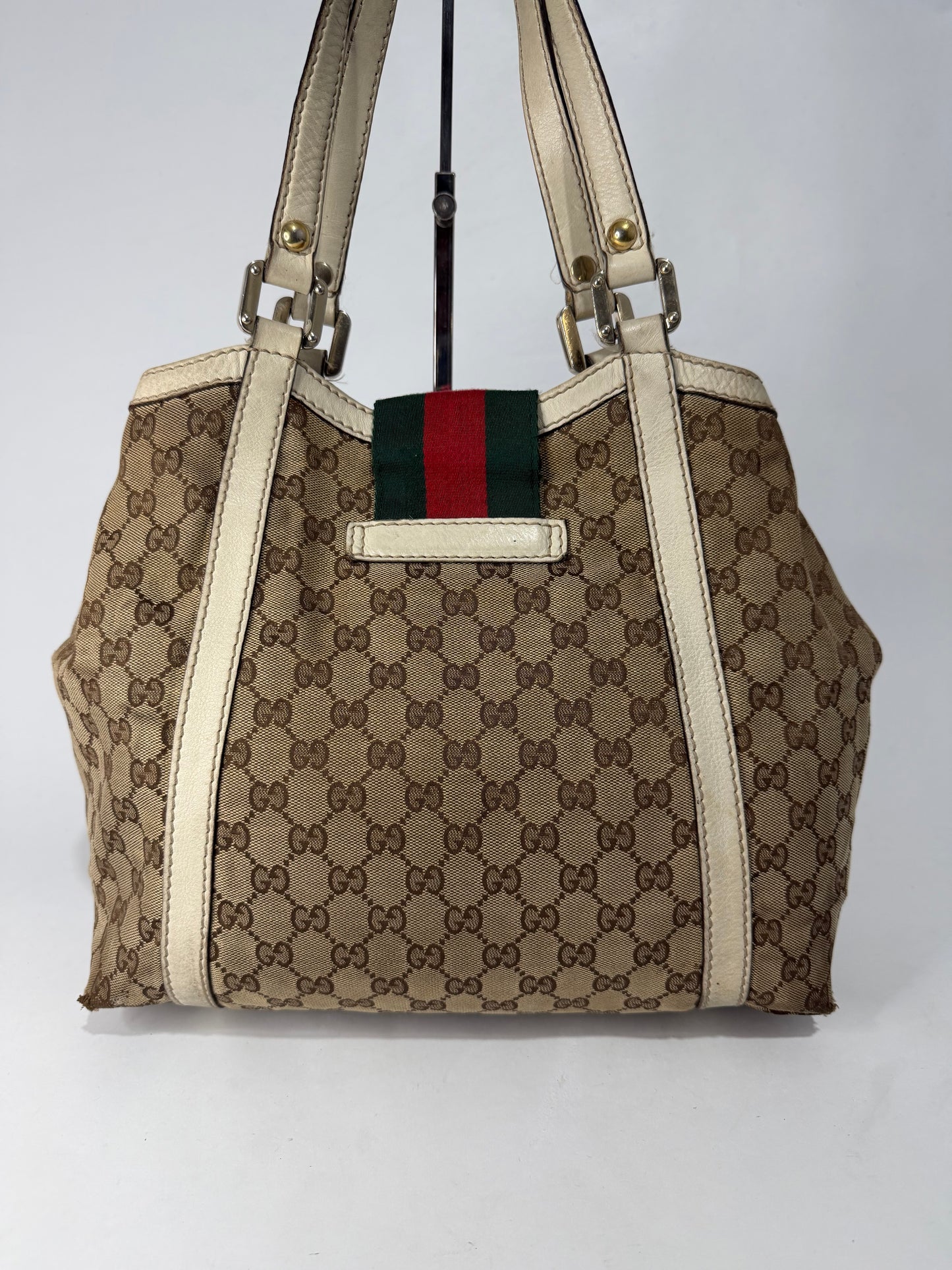Gucci Beige/White GG Canvas and Leather Medium New Ladies Web Tote