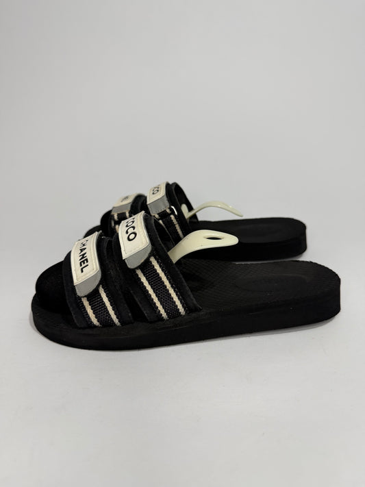 CHANEL Coco Logo Double Strap Slide Sandals Black & White Size 39 EU/ 9 US