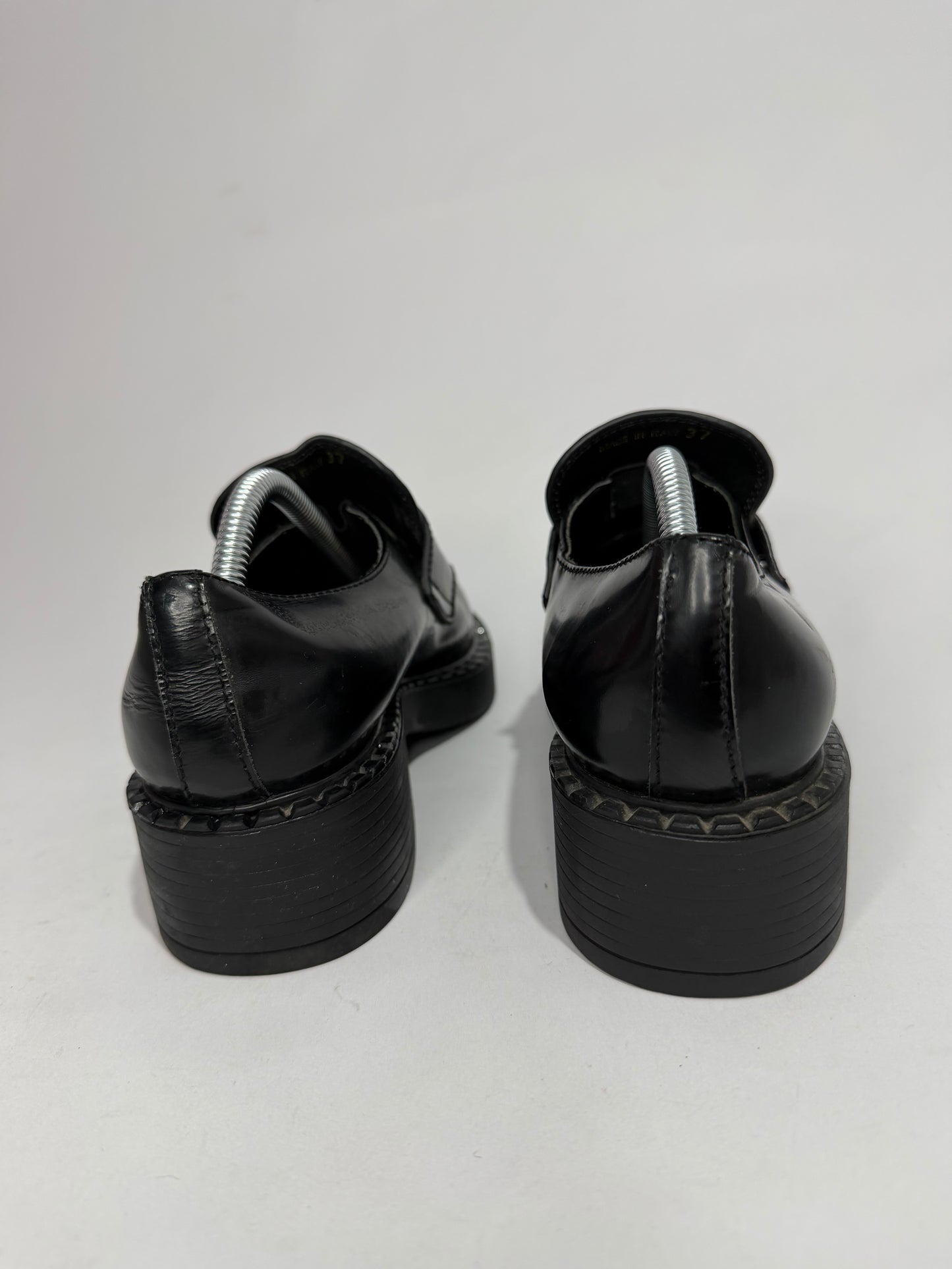 PRADA Vernice Metal Triangle Logo 50mm Loafers Size 37 EU/7 US/ 4 UK