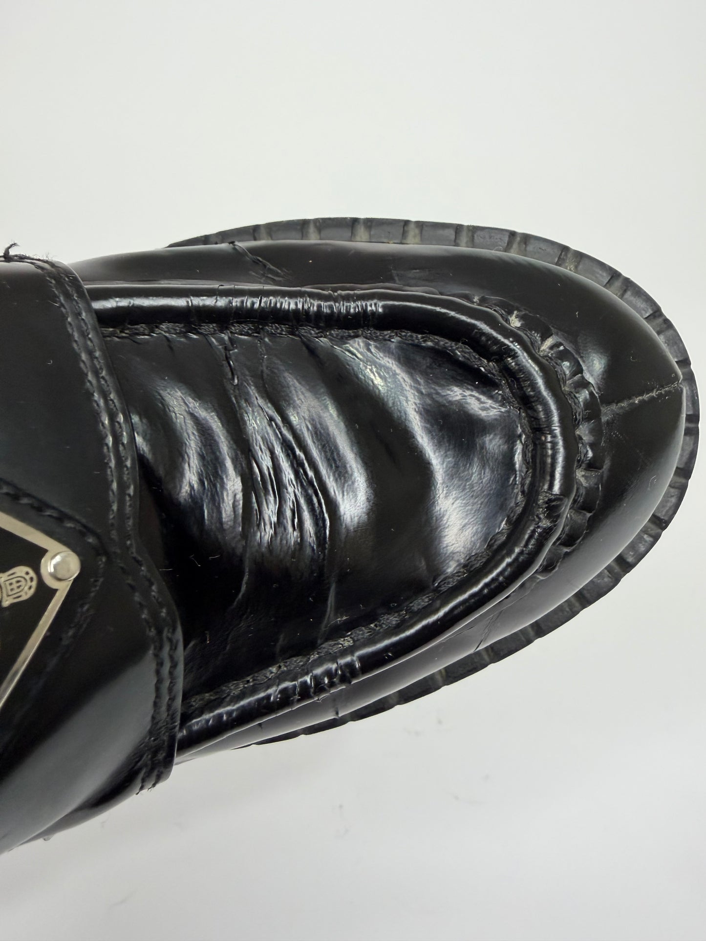 PRADA Vernice Metal Triangle Logo 50mm Loafers Size 35 EU/5 US/ 2UK