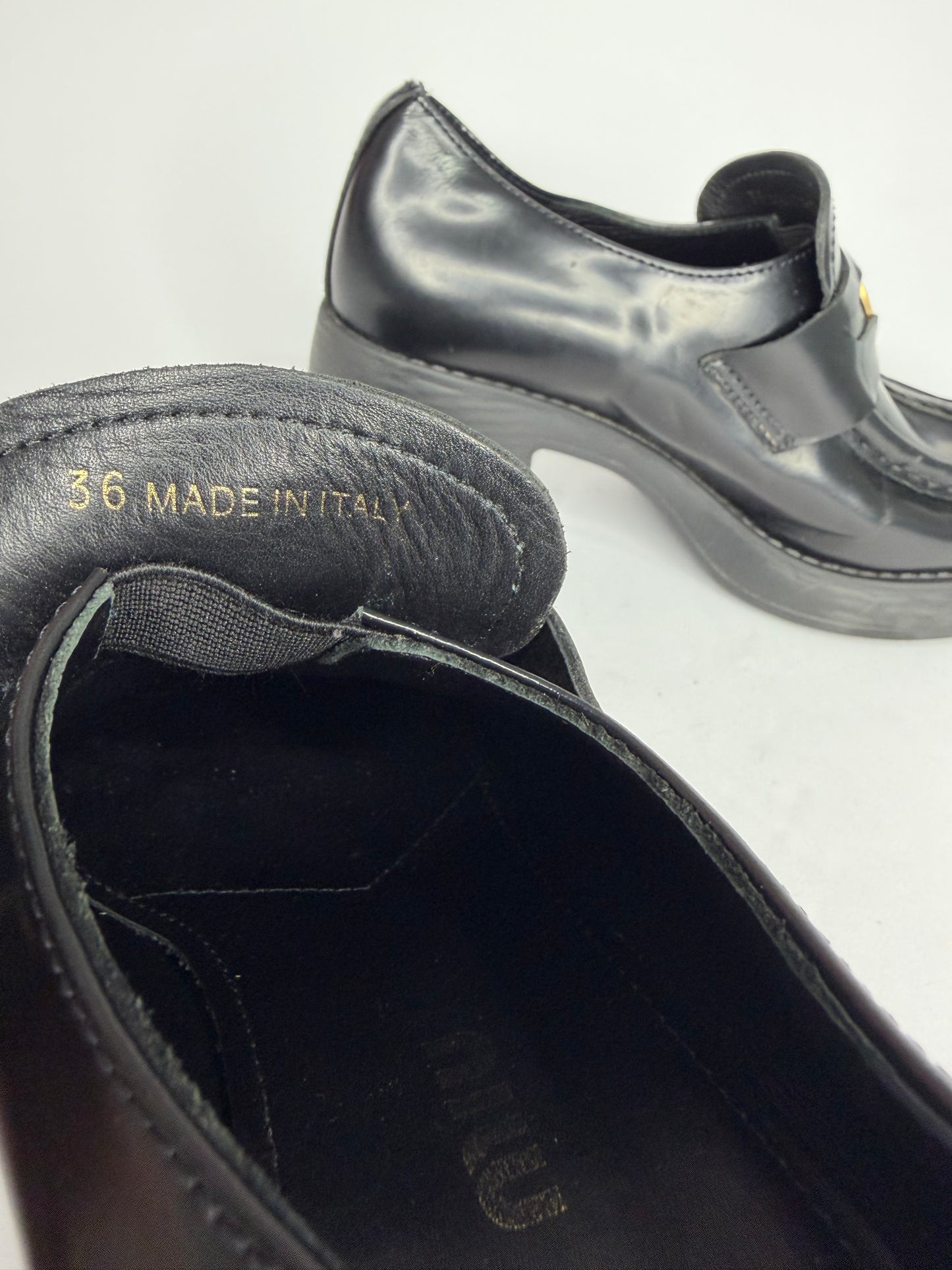 Miu Miu Black Leather Gold Penny Heel Loafers Size 36 EU/ 6 US / 3 UK