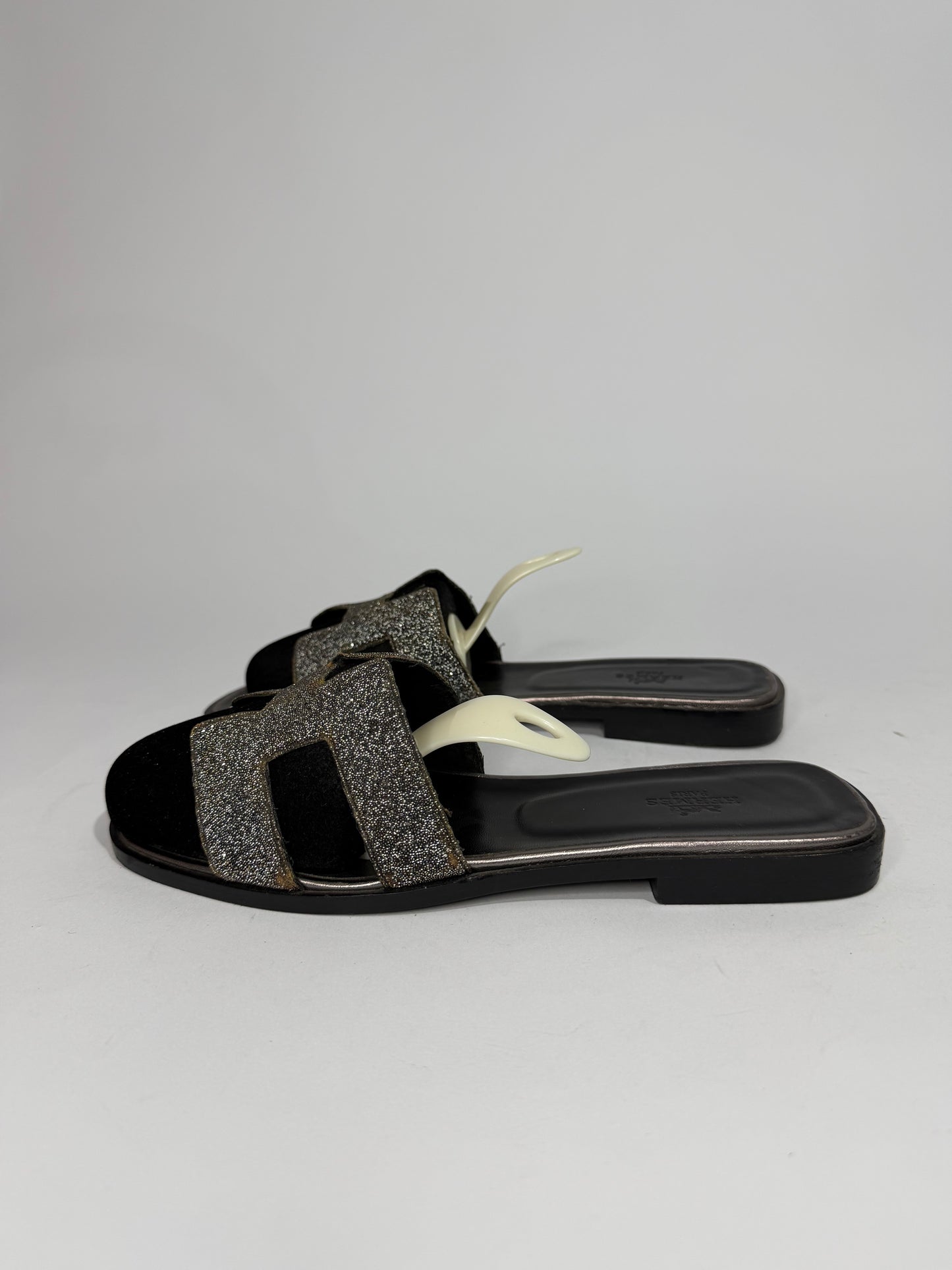 Hermes Silver/Black Suede And Glitter Oran Slide Flats Size 39 EU/ 9 US