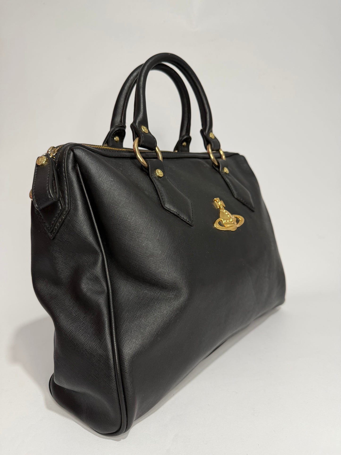 Vivienne Westwood Black Saffiano Leather Orb Tote / Bowler Bag