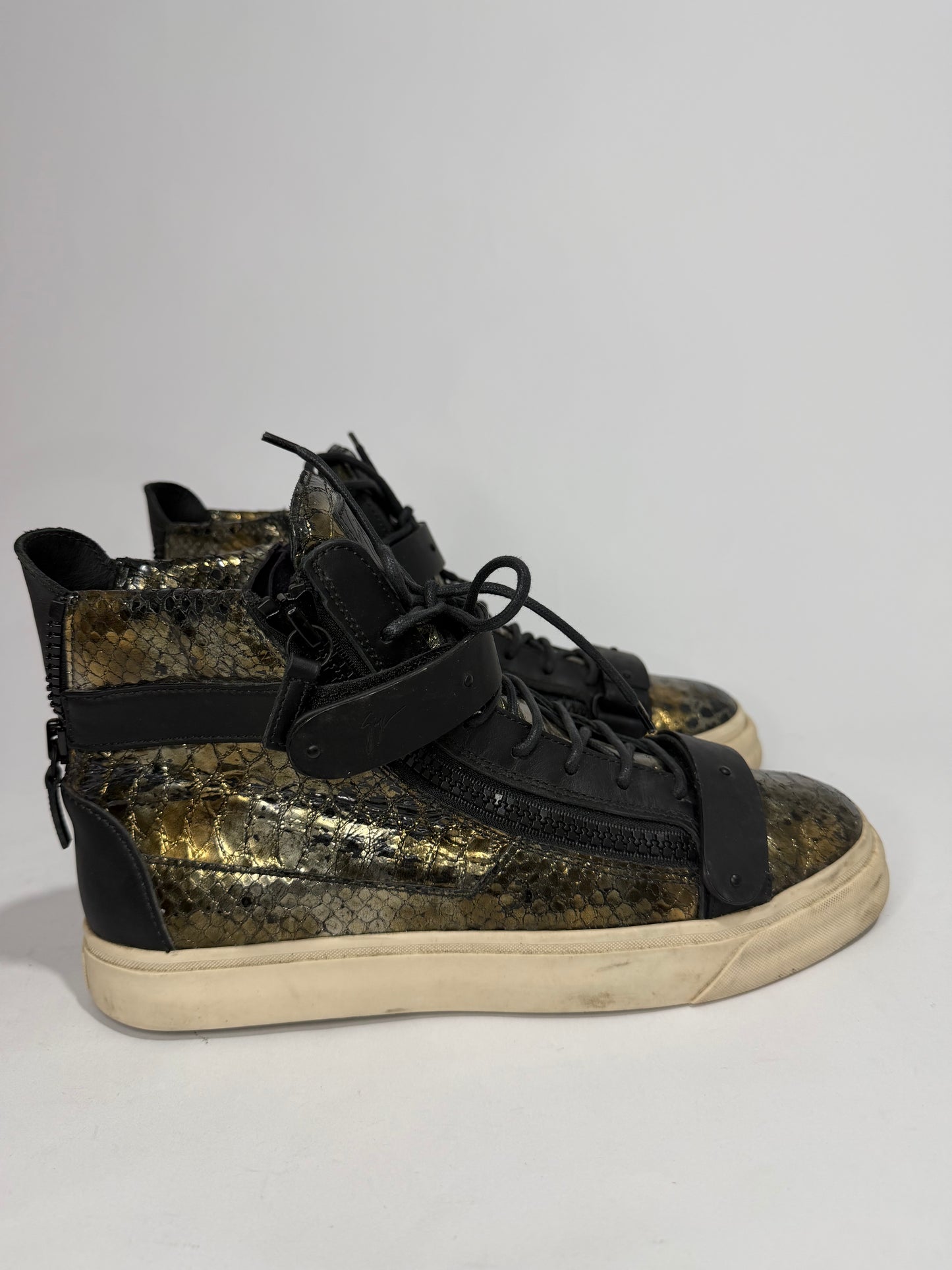 Giuseppe Zanotti Black/Gold Python Embossed Leather Double Zip High Top Sneakers Size 43 EU