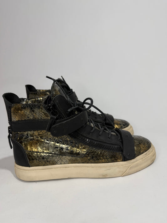 Giuseppe Zanotti Black/Gold Python Embossed Leather Double Zip High Top Sneakers Size 43 EU