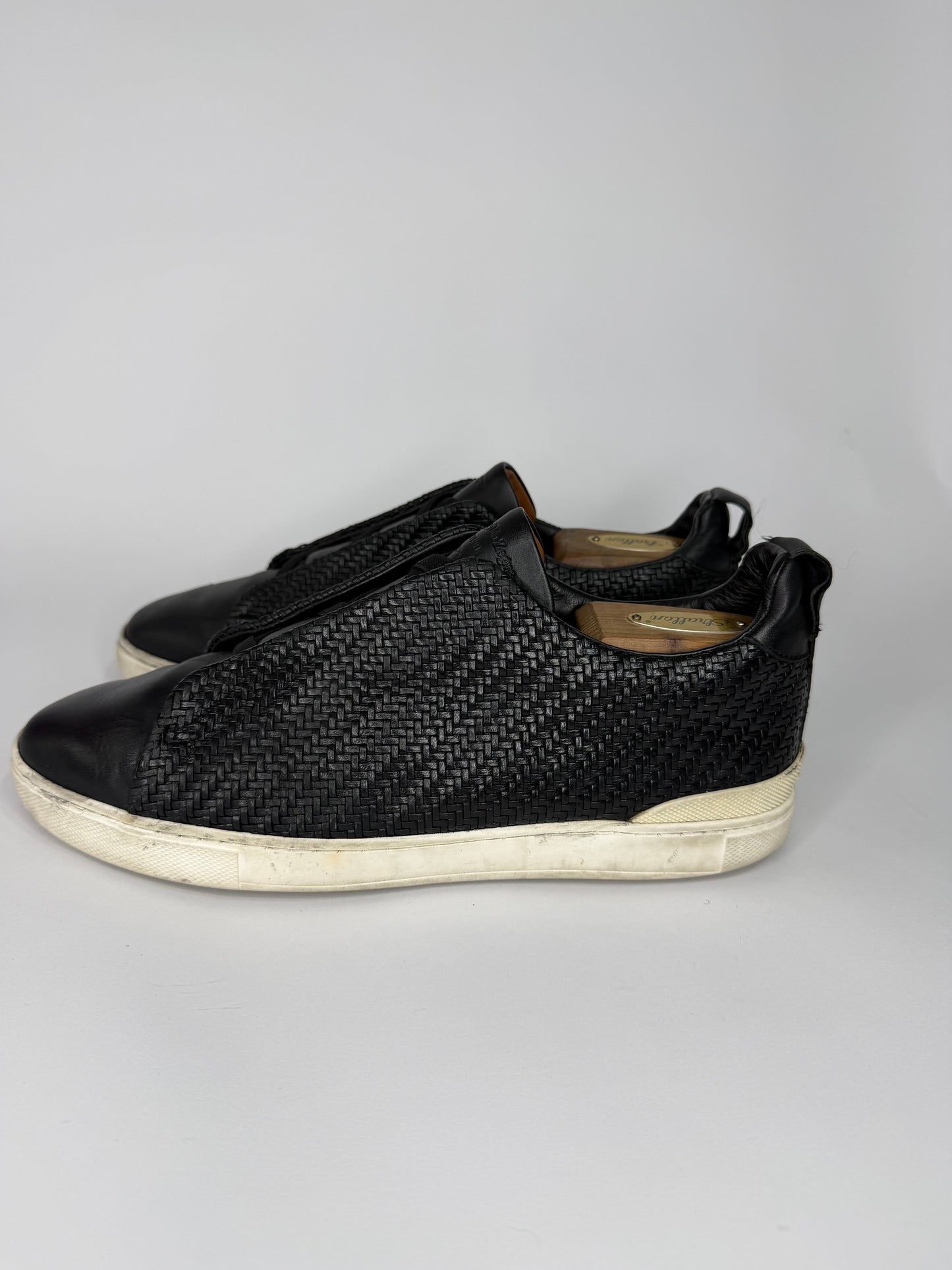 Ermenegildo Zegna Couture Black Woven Leather Pelle Tessuta Slip On Sneakers Size 8 UK/ 9 US
