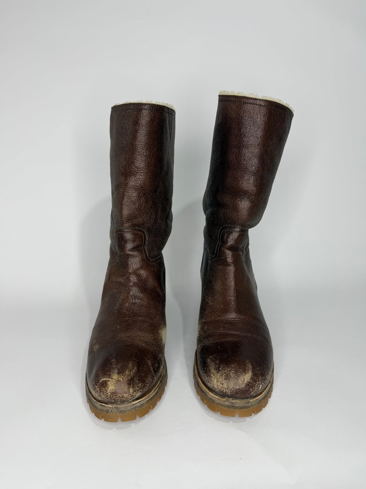 Prada Brown Shearling-Lined Leather Engineer Boots Buckle Moto Lug Sole Women’s EU 42