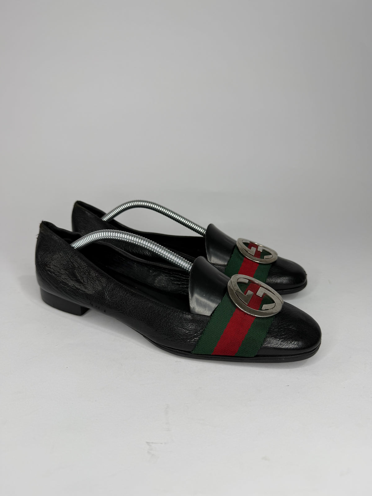 Gucci Black Leather GG Web Stripe Flats Loafers Made in Italy Size 38C