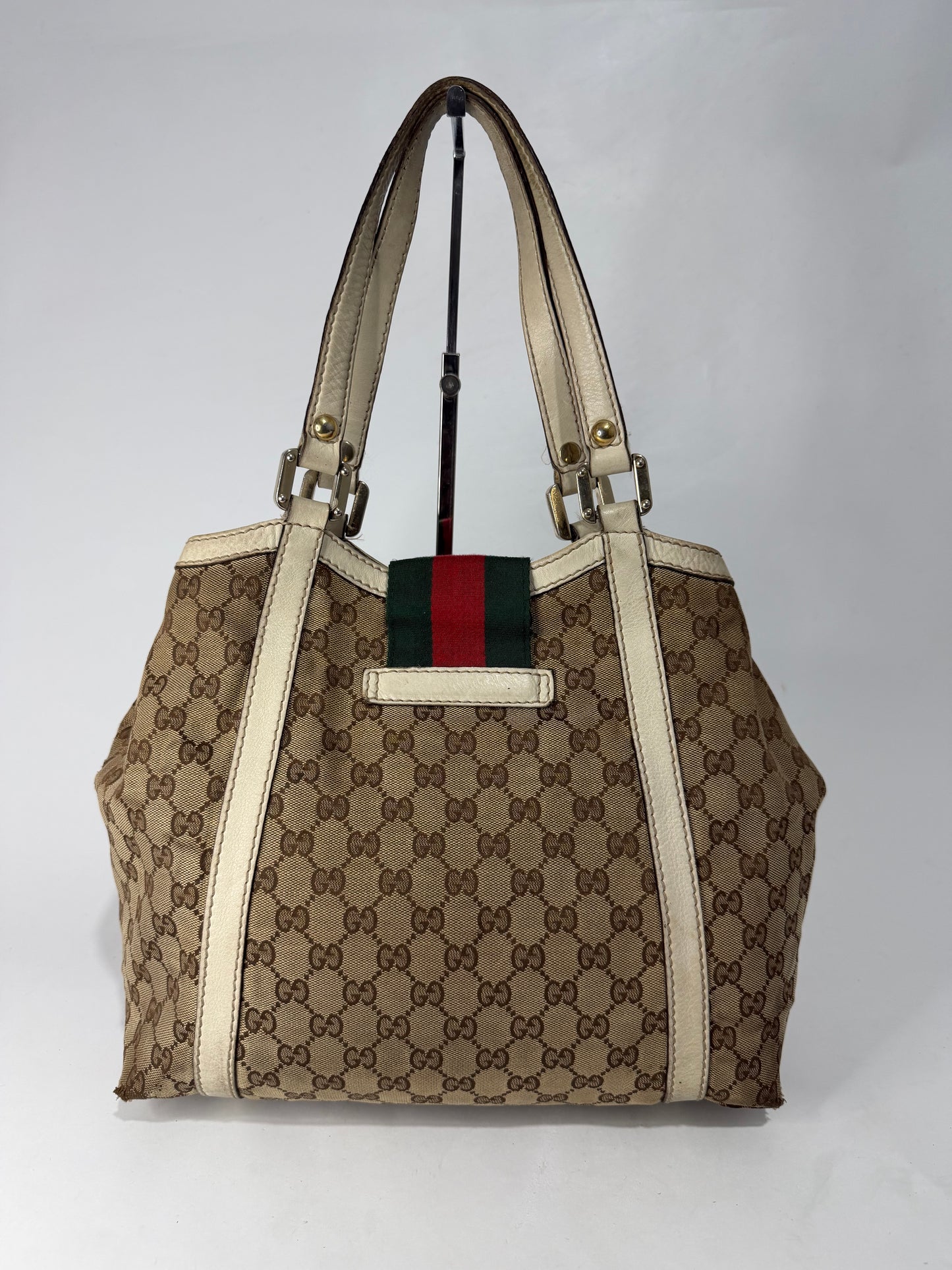 Gucci Beige/White GG Canvas and Leather Medium New Ladies Web Tote