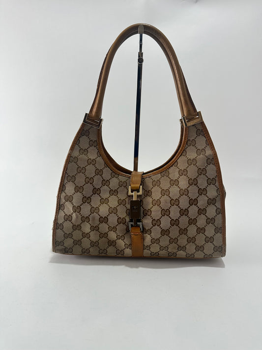 Gucci Beige/Brown GG Canvas and Leather Bardot Jackie Hobo Bag