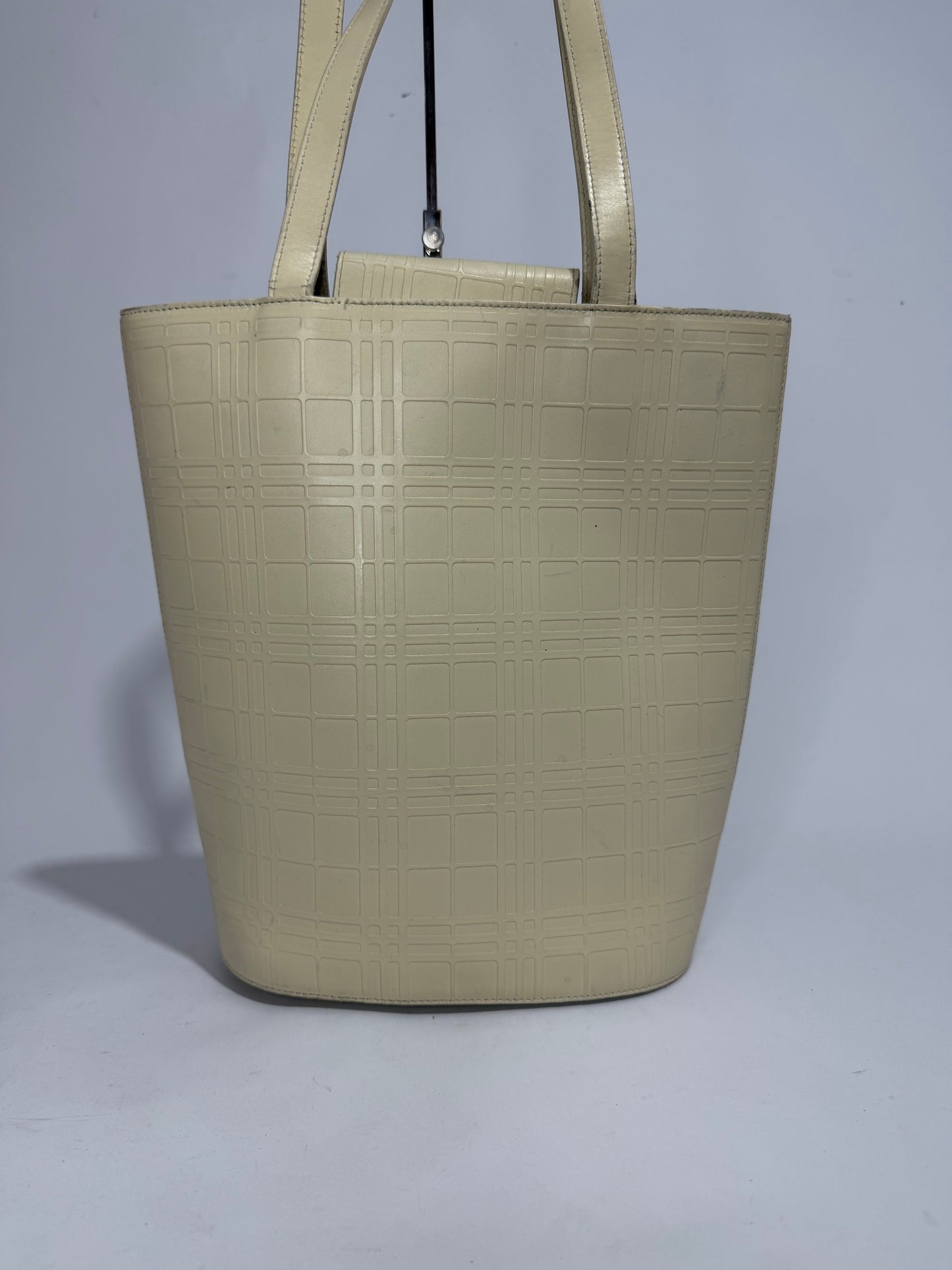 Burberry Cream Embossed Nova Check Leather Tote Bag