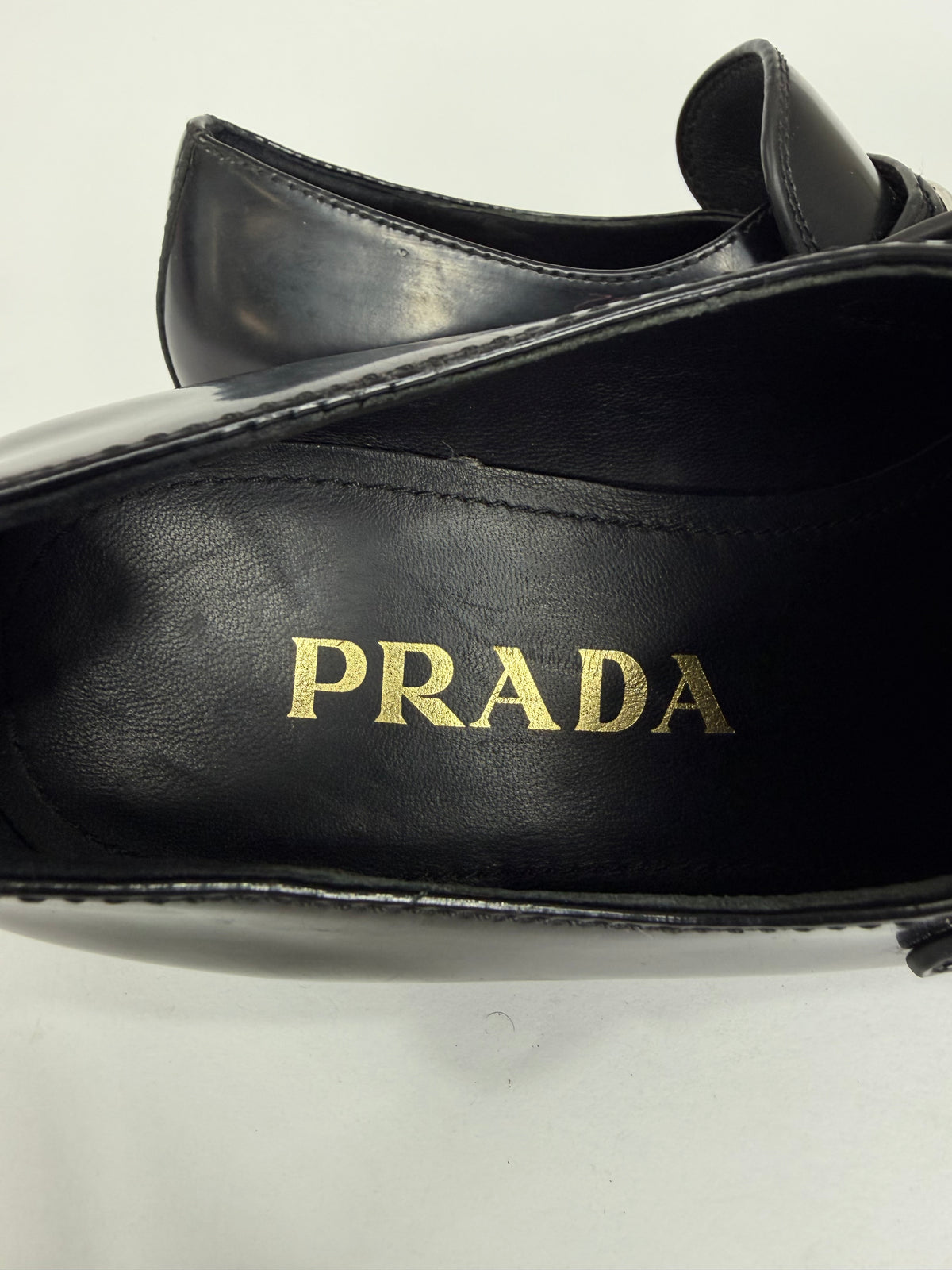 PRADA Vernice Metal Triangle Logo 50mm Loafers Size 37 EU/7 US/ 4 UK