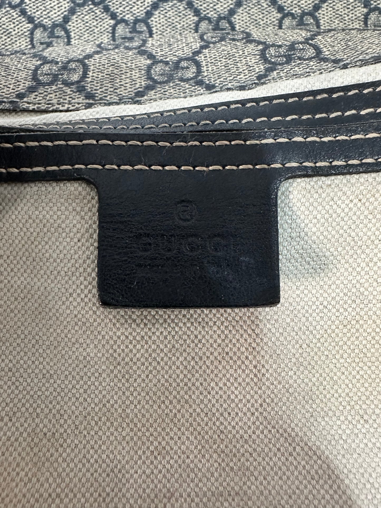 GUCCI  GG Plus Monogram Medium Double Buckle Flap Messenger Bag Beige Navy