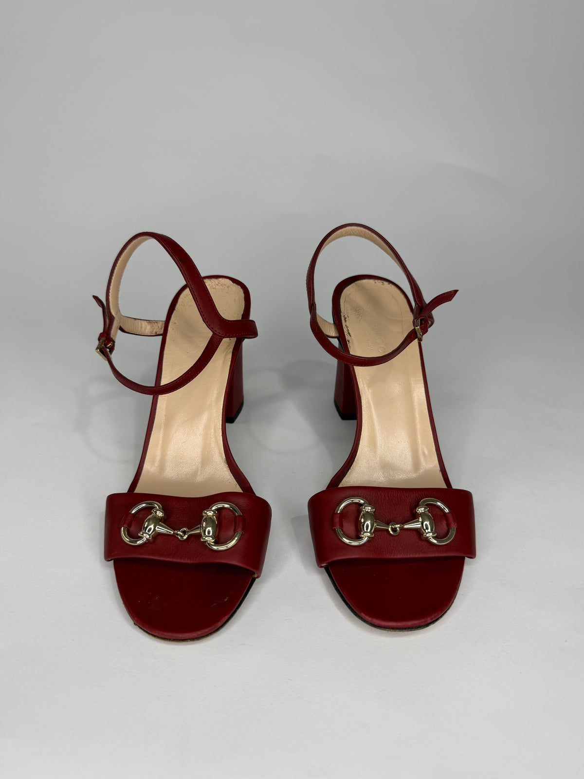 Gucci Red Leather Horsebit Open Toe Block Heel Ankle Strap Sandals Size 36.5 EU
