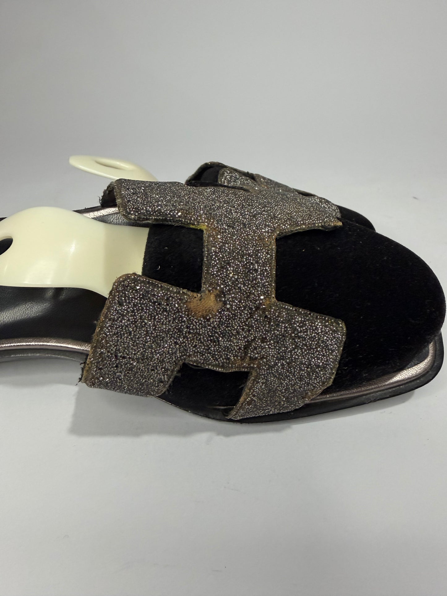 Hermes Silver/Black Suede And Glitter Oran Slide Flats Size 39 EU/ 9 US