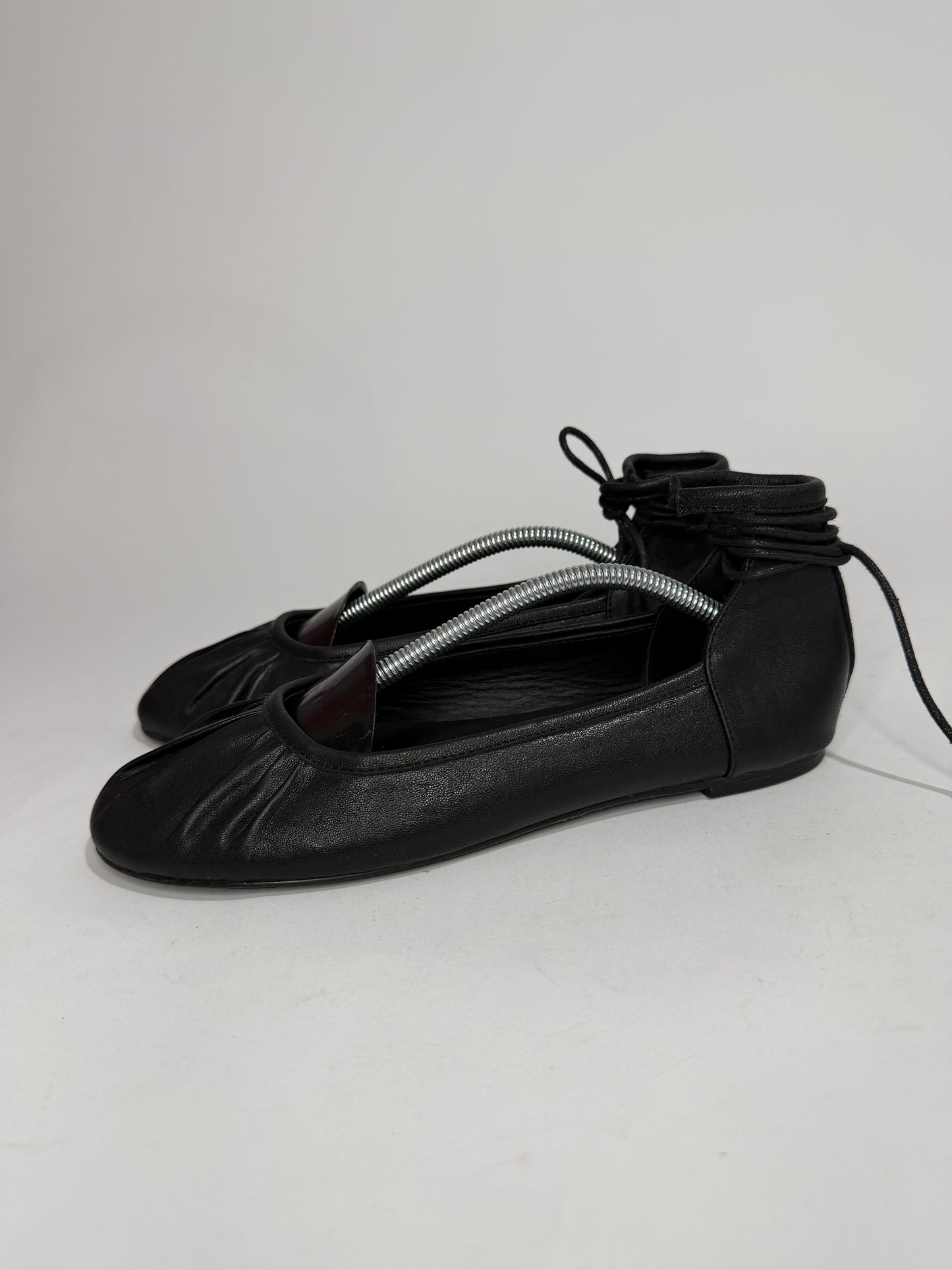Ann Demeulemeester Black Leather Lace-Up Ballet Flats Ankle Wrap Size EU 37/ 7 US