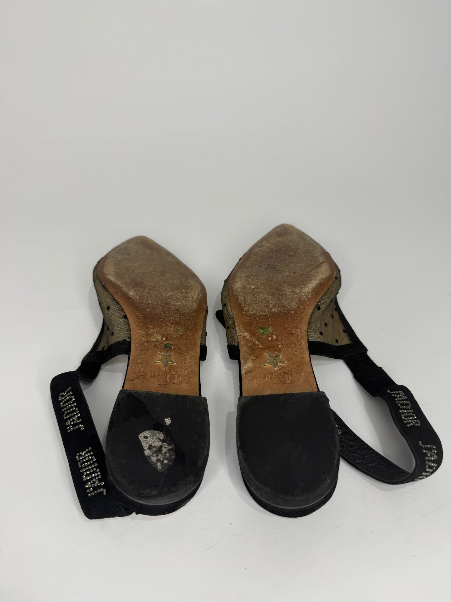 Dior Black Polka Dot Mesh and Crystal Embellished Suede J'adior Slingback Flats Size 39 EU/ 9 US/ 6 UK