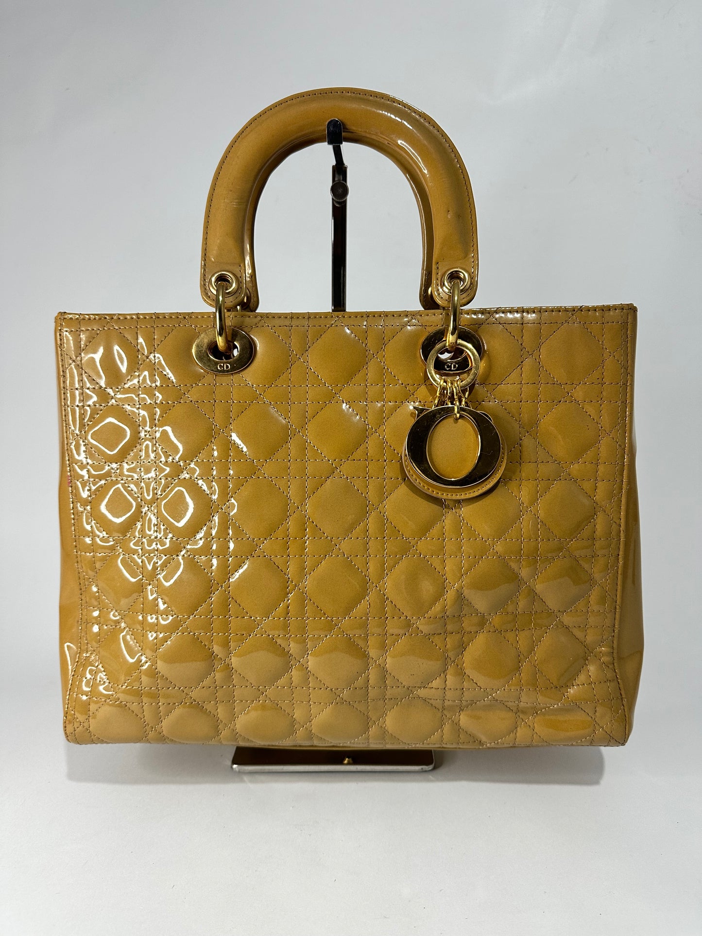 Dior Mustard Yellow Cannage Patent Leather Large Lady Dior Tote