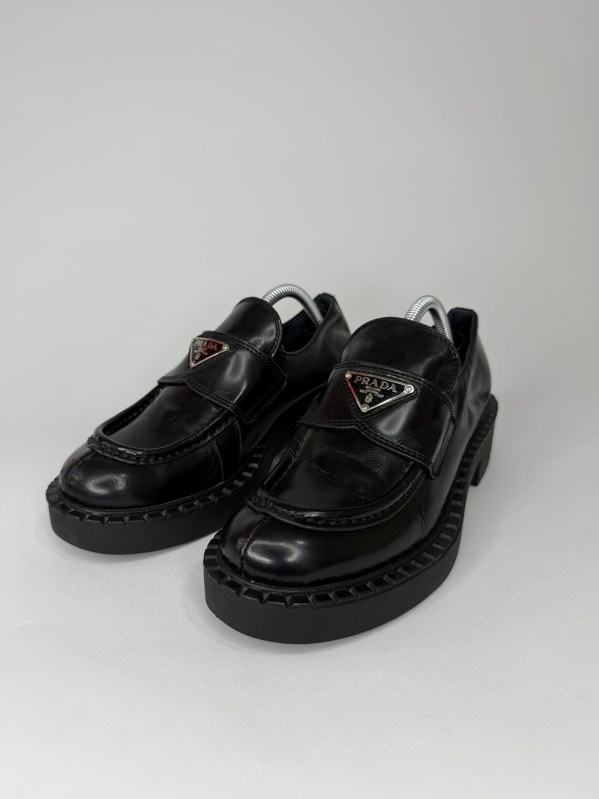 PRADA Vernice Metal Triangle Logo 50mm Loafers Size 36 EU/6 US/ 3UK