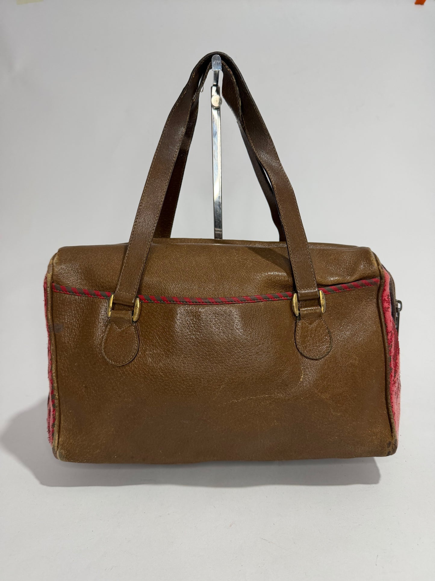 Vintage Gucci Brown Leather & Pink Textile Shoulder Bag