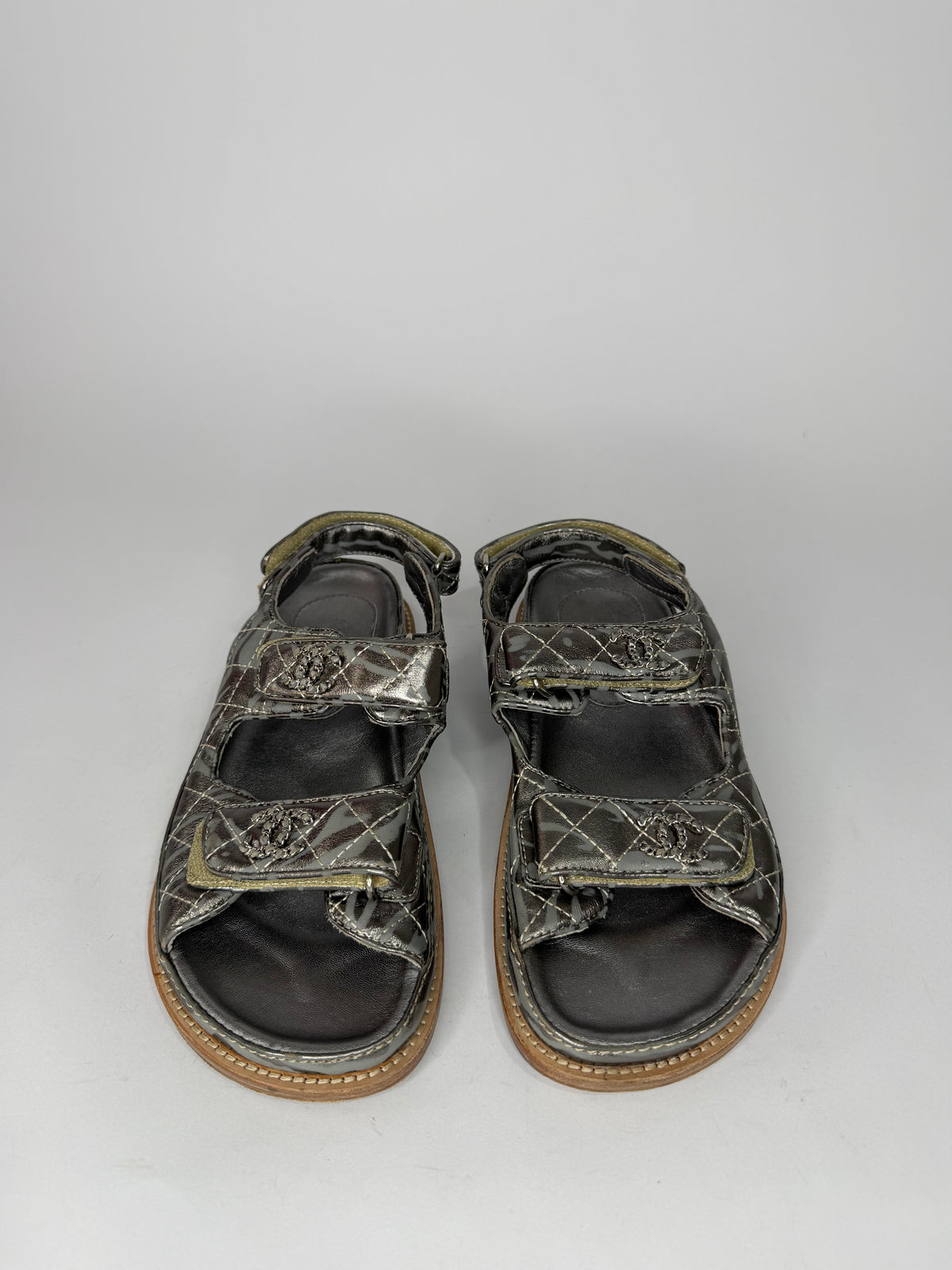 Chanel Metallic Silver Quilted CC Logo Double-Strap Sandals Size 38 EU/ 8 US