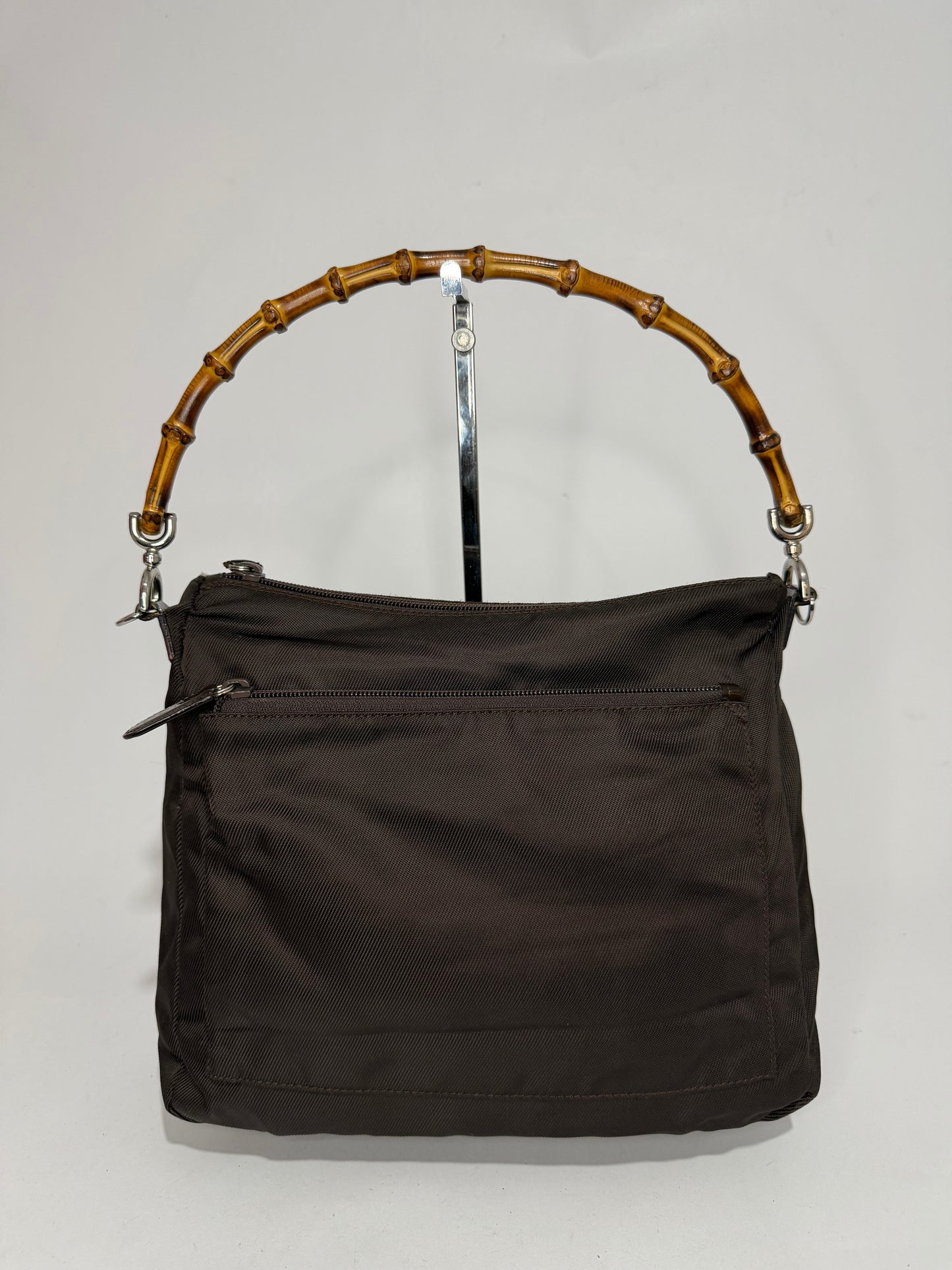 Gucci Brown Nylon and Leather Bamboo Shoulder Bag