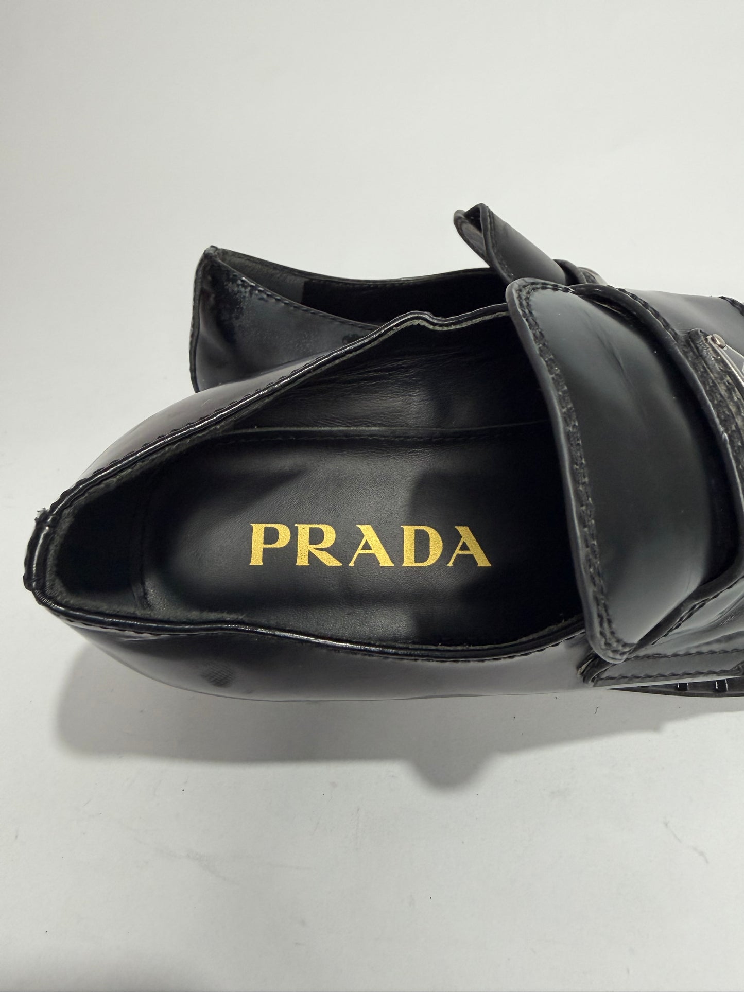 PRADA Vernice Metal Triangle Logo 50mm Loafers Size 37 EU/7 US/ 4 UK
