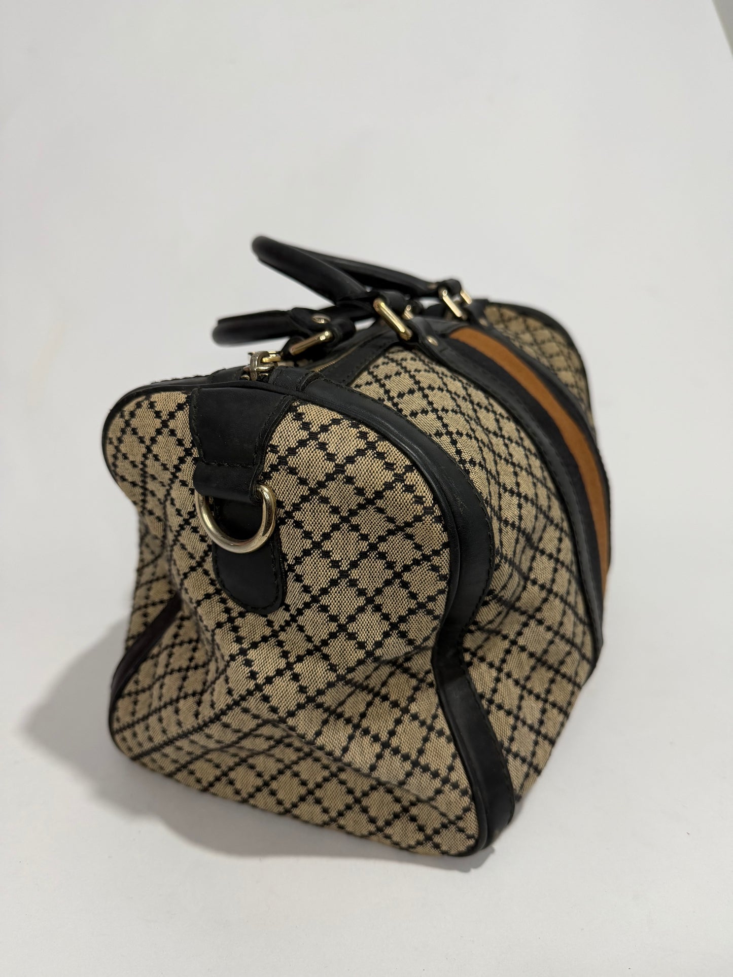 Gucci Black/Beige Diamante Canvas Medium Vintage Web Boston Bag