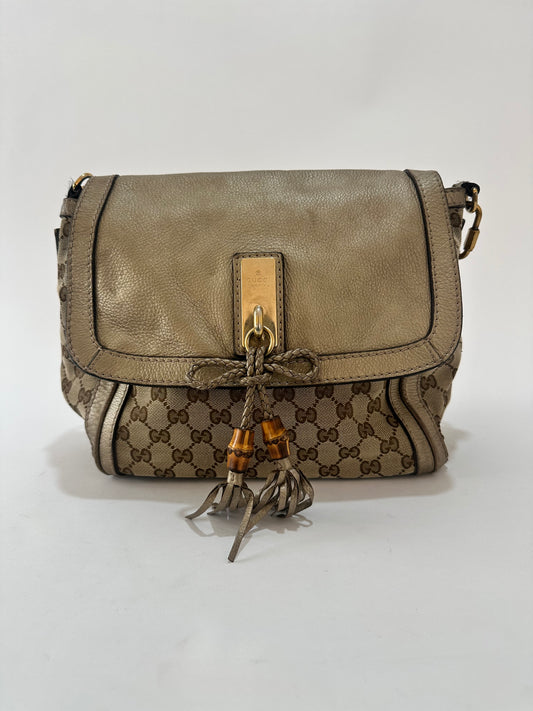Gucci Beige/Gold GG Canvas and Leather Bella Flap Bag