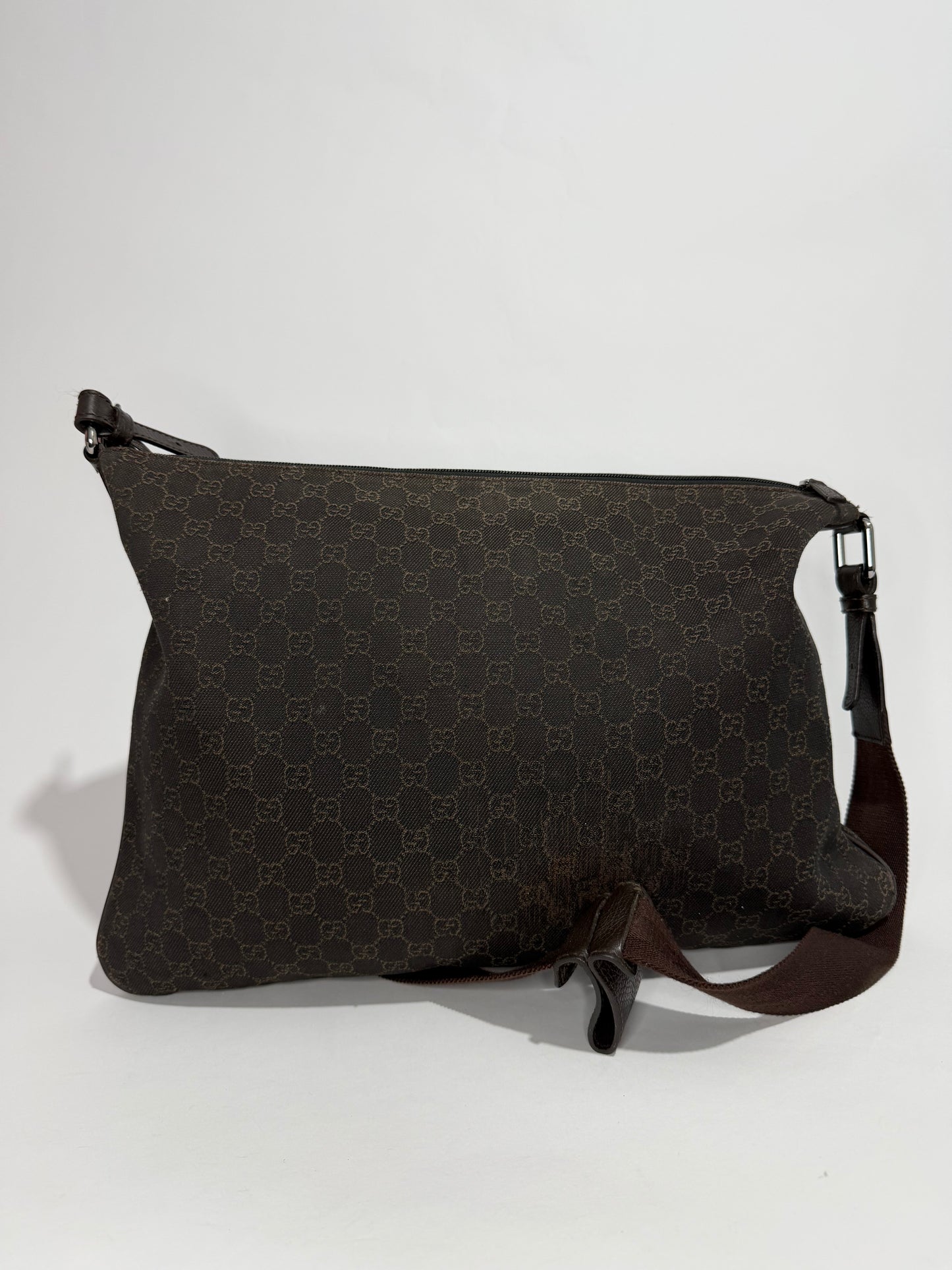 Gucci Dark Brown GG Denim Zip Messenger Bag