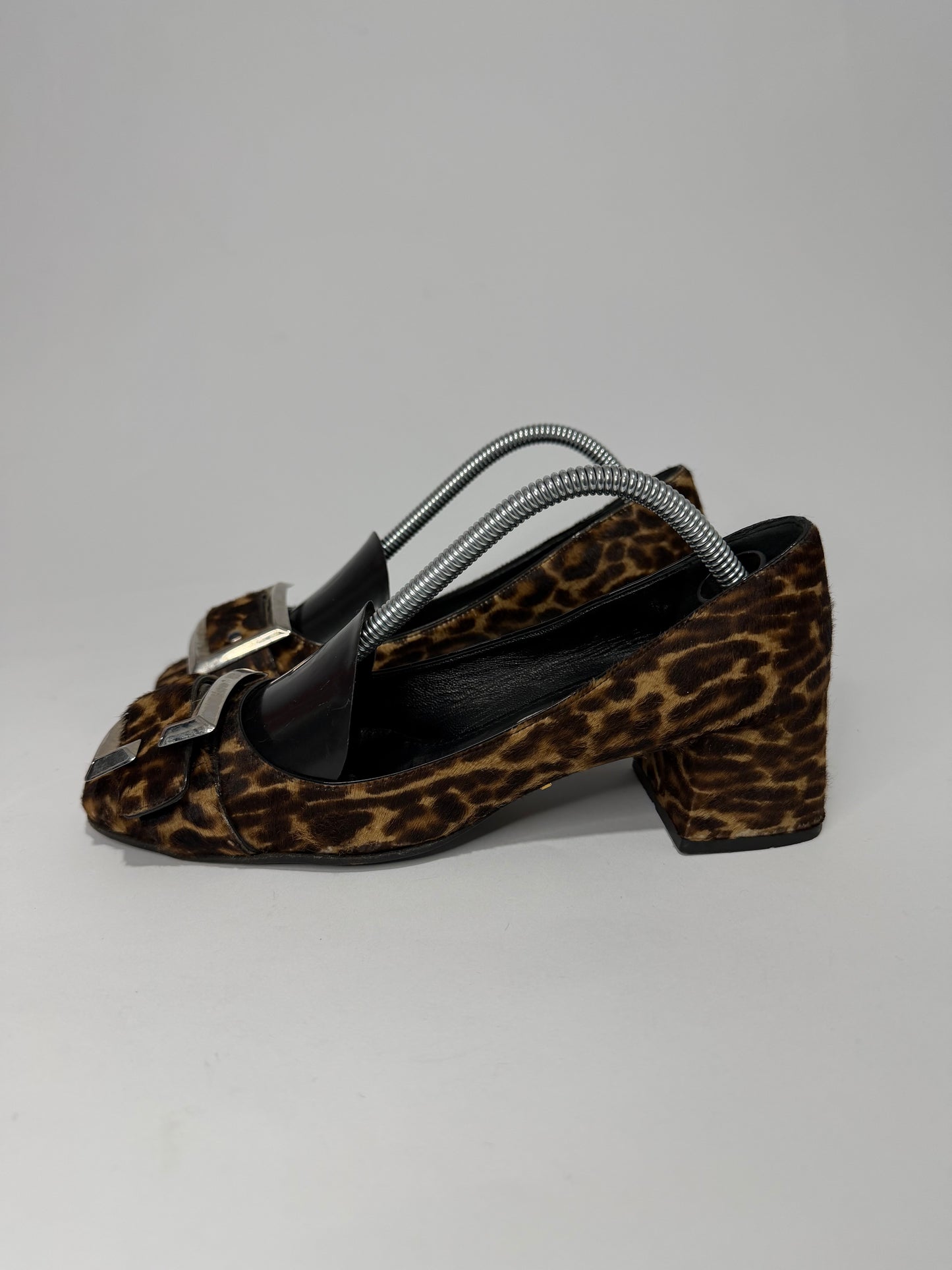 Prada Leopard Print Calf Hair Block Heel Pumps Buckle Square Toe Women’s EU 35 Made in Italy